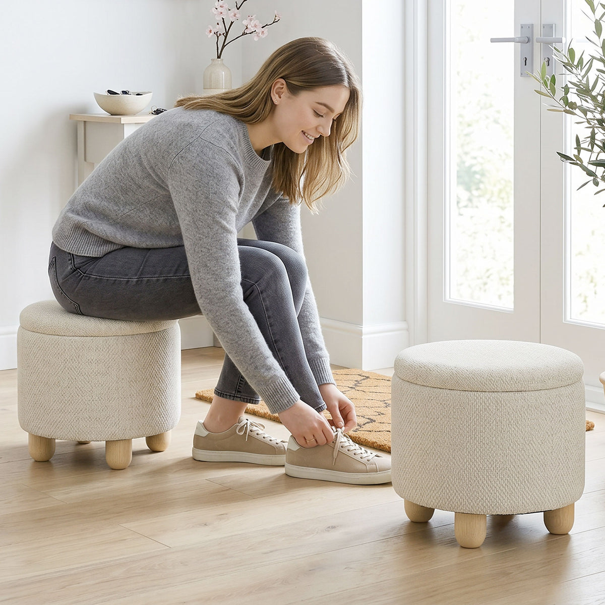 HOMCOM 19L Round Jute Fabric Storage Ottoman with Lid, 120kg Capacity, 38.5x38.5x33.5cm, Beige