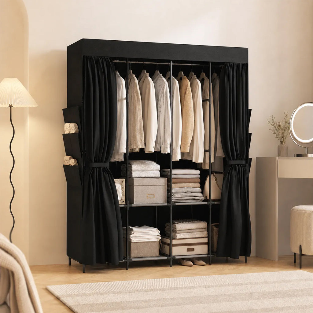HOMCOM Space-Saving Fabric Wardrobe with 3 Rods, 3 Shelves, 6 Side Pockets, Dustproof Doors with Zip, Black