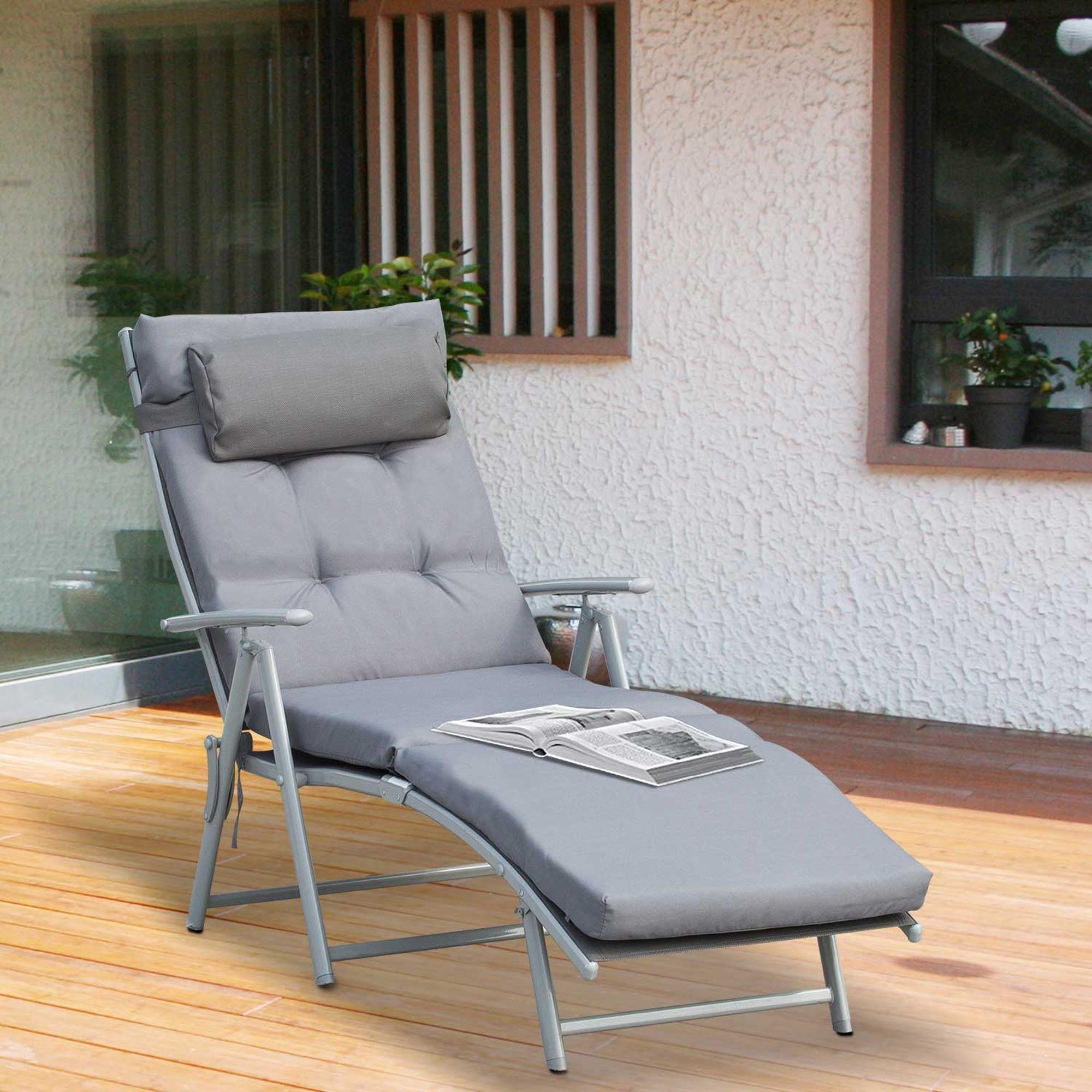 Folding Garden Lounger with Mattress and Cushion, 7-Reclining Backrest, 137x63.5x100.5cm, Grey