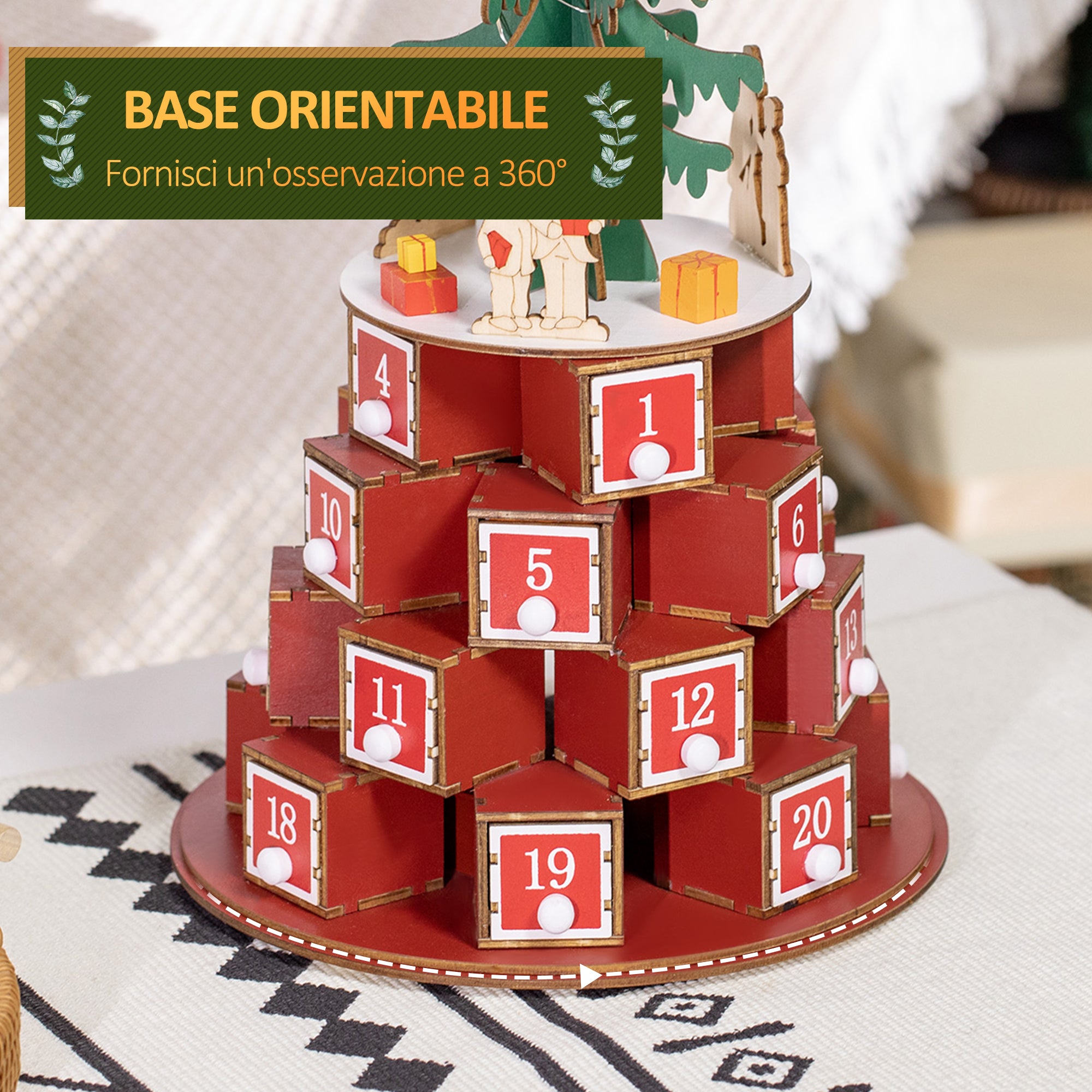 Christmas Cone Advent Calendar with Themed Patterns and 10 LED Lights, 22x22x35 cm, Plywood, Red, Green and Yellow