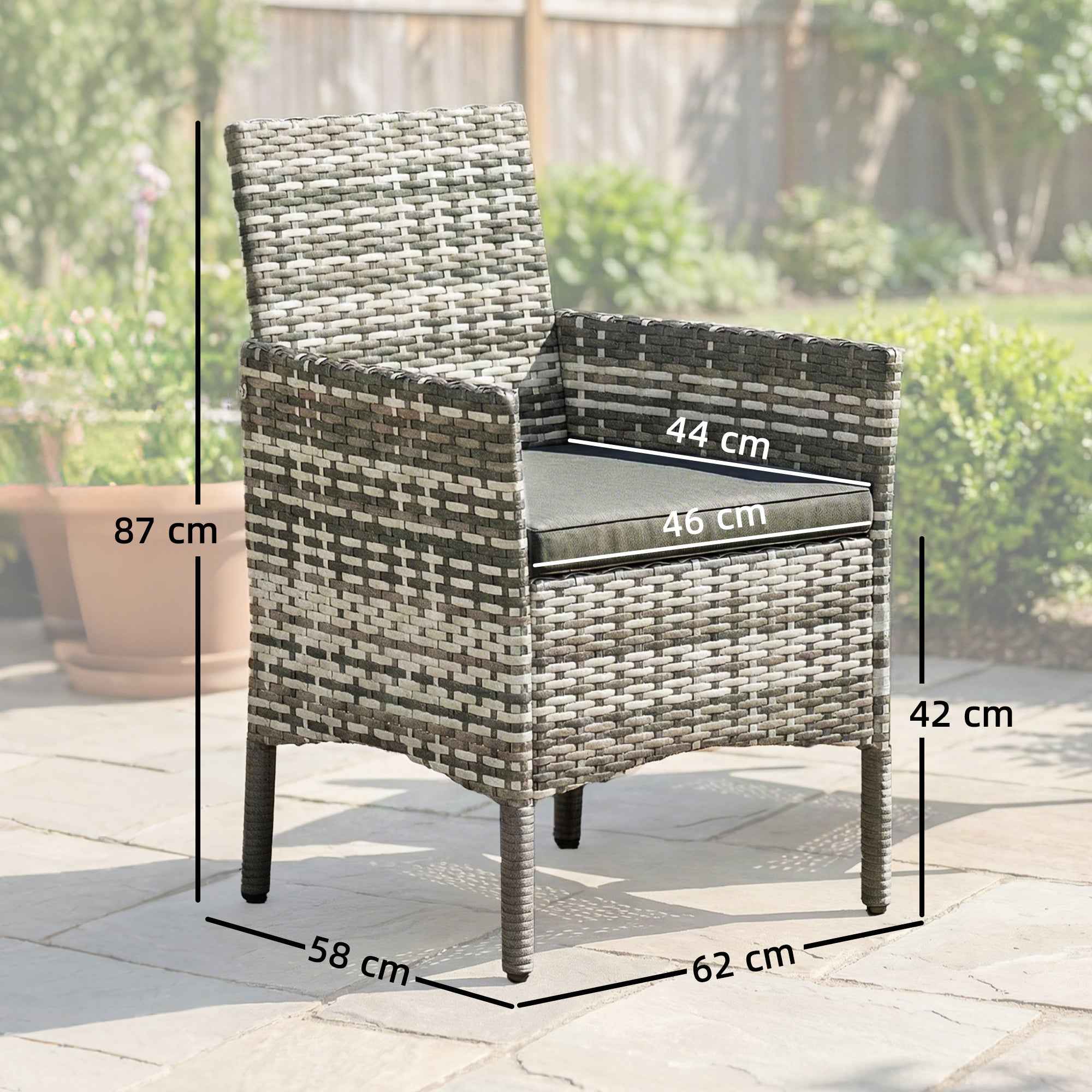 Outsunny Set of 2 Rattan Garden Chairs with Cushions and Armrests, Grey