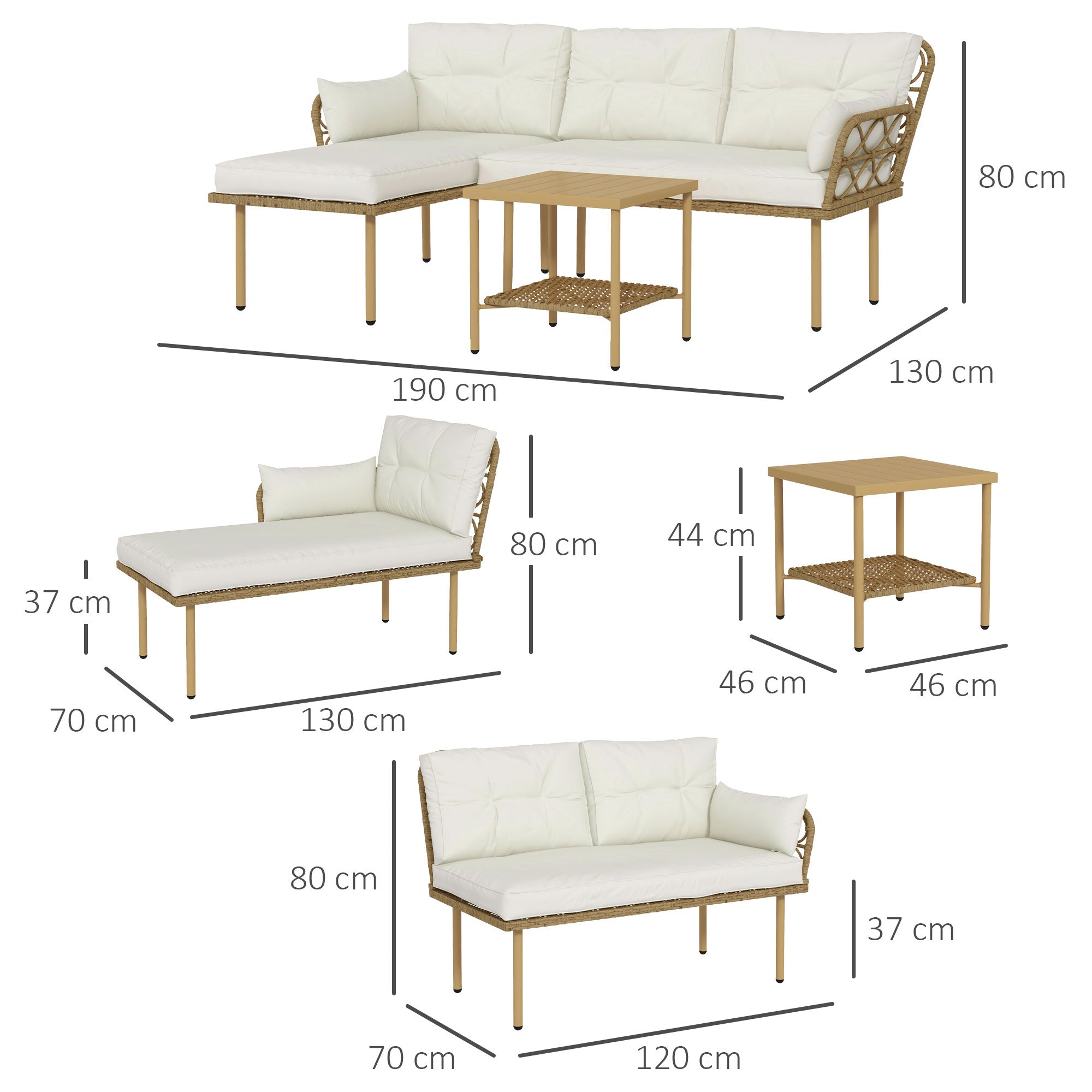 Outsunny 3-Piece Garden Set with Chaise Longue, Sofa, Cushions and Coffee Table, in Rattan and Steel, Cream White and Wood