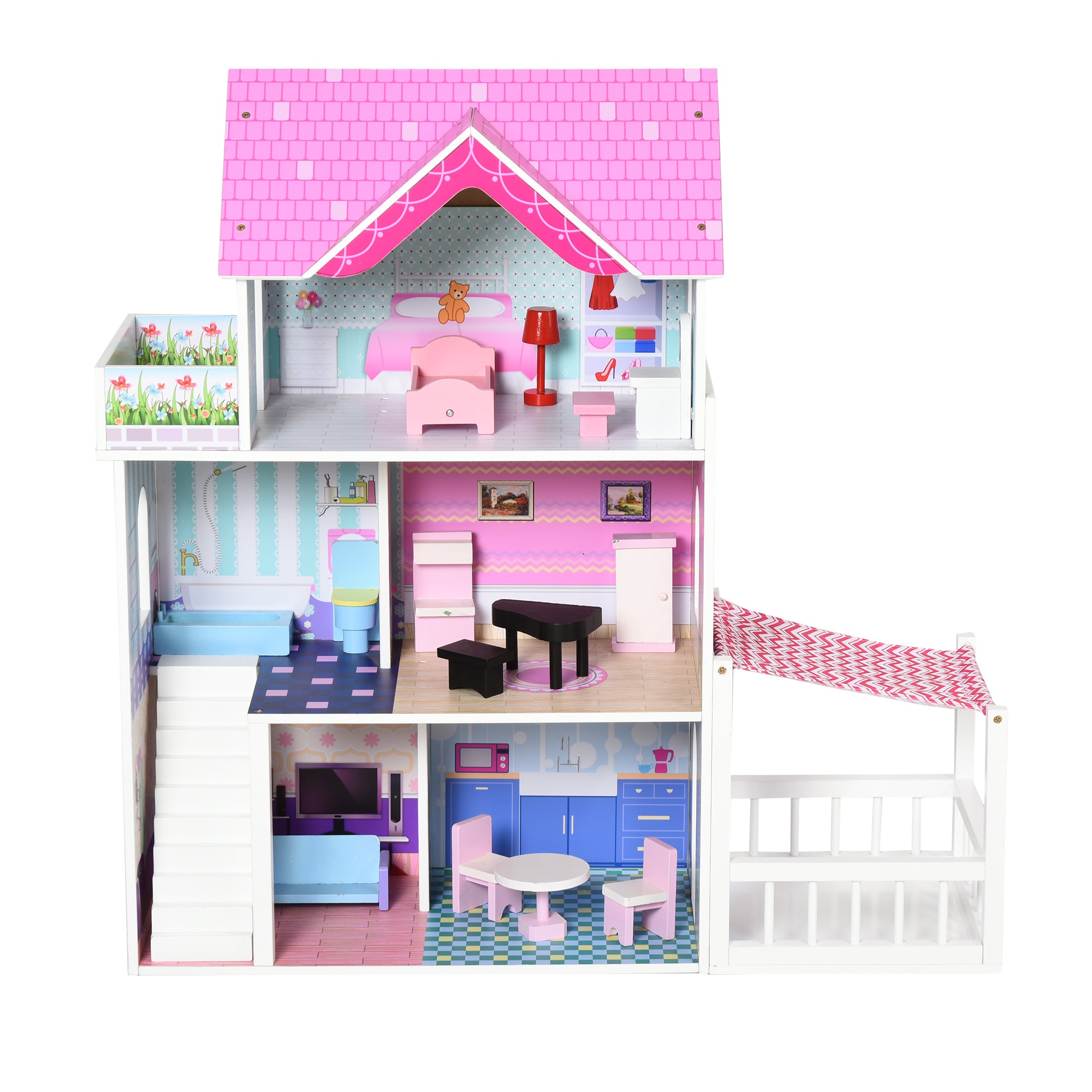 Wooden Dollhouse, 3-Story Children's Dollhouse with 13 Accessories, Toy for Children Ages 3+