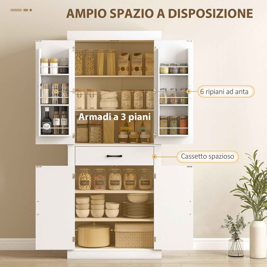 HOMCOM Country Style Kitchen Pantry with 2 Cabinets, 6 Shelves and Drawer, Wooden, 76x39.5x183.5 cm, White