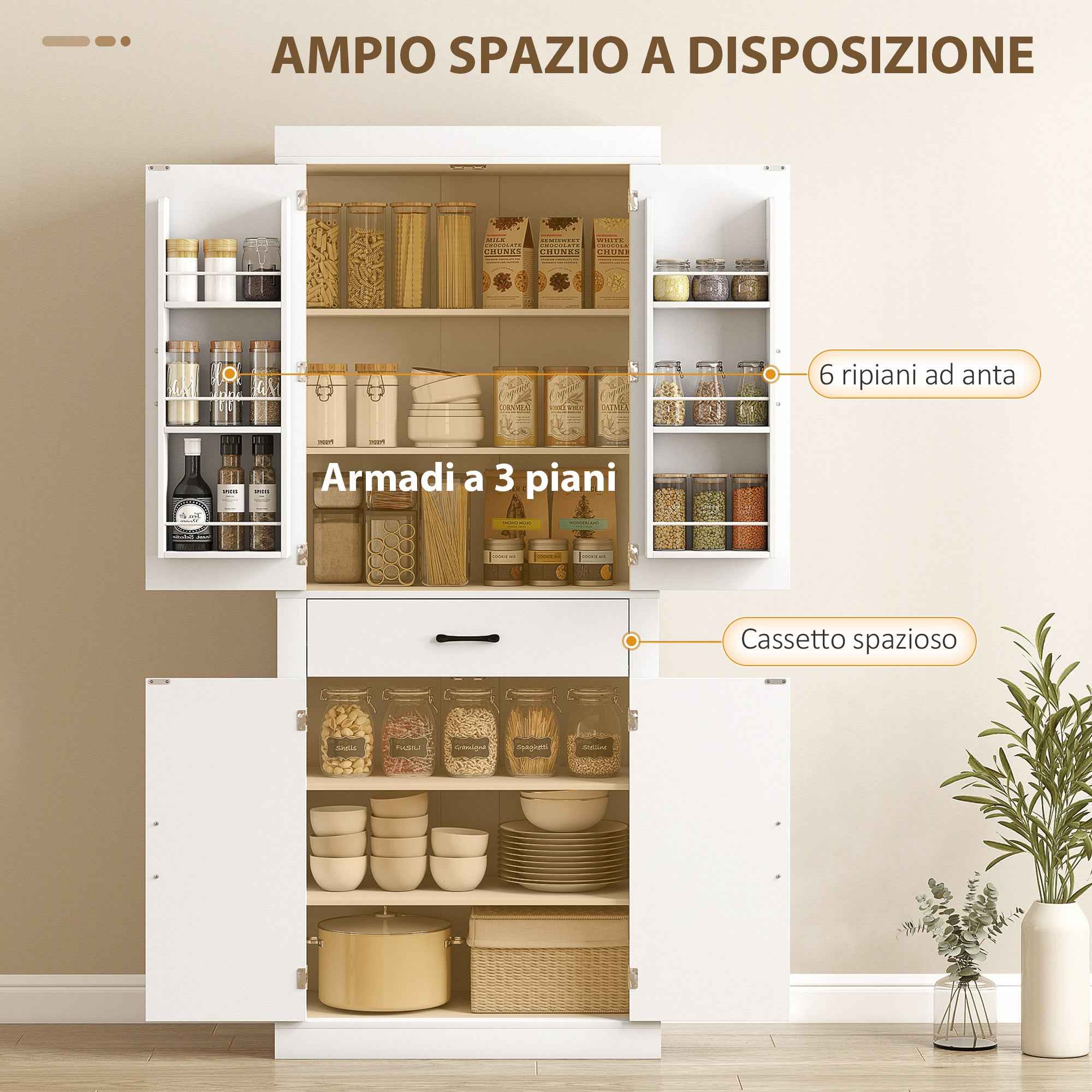 HOMCOM Country Style Kitchen Pantry with 2 Cabinets, 6 Shelves and Drawer, Wooden, 76x39.5x183.5 cm, White