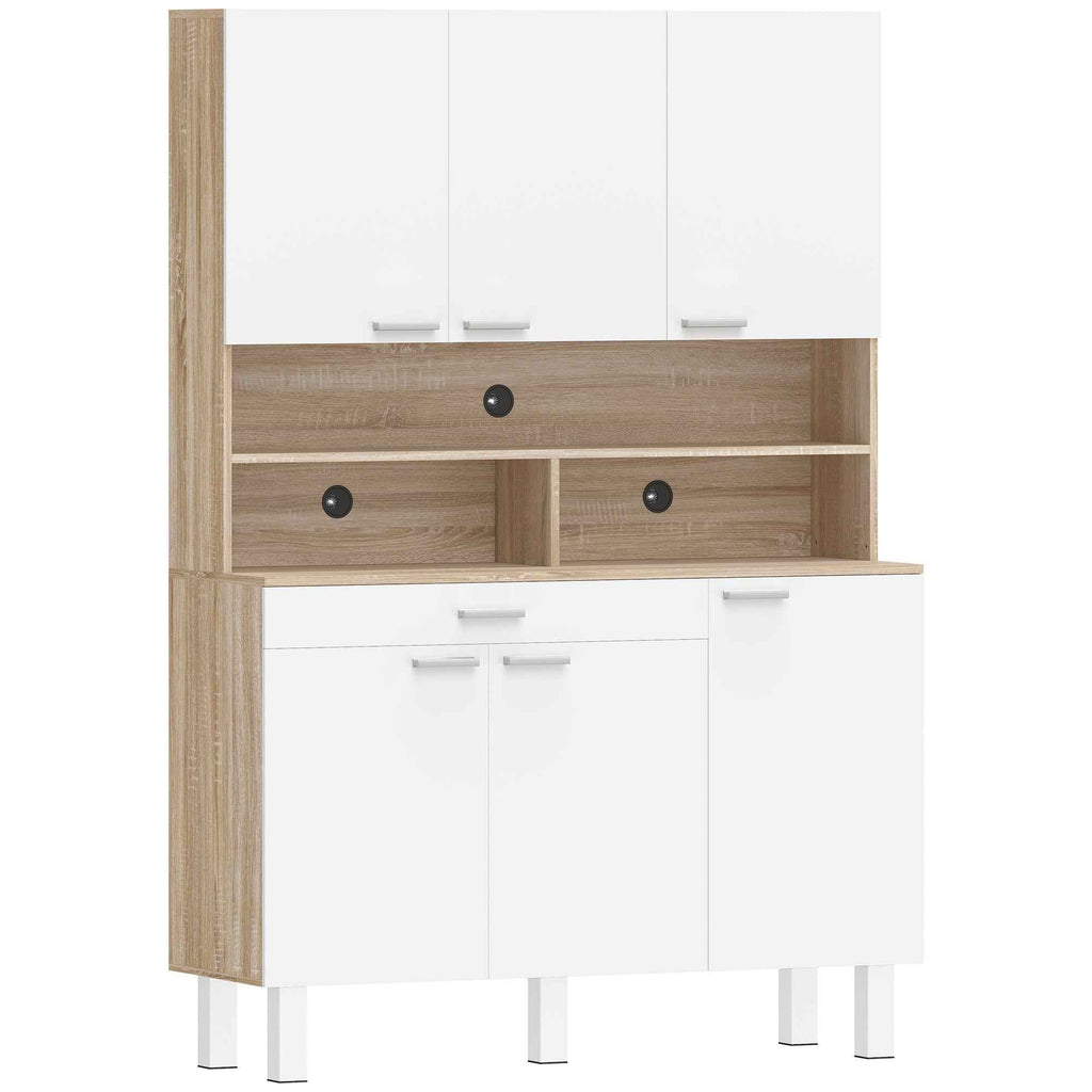 HOMCOM Kitchen Sideboard with Open Shelves, 4 Cabinets and Drawer, in Wood and Metal, 120x40x175 cm, White and Wood