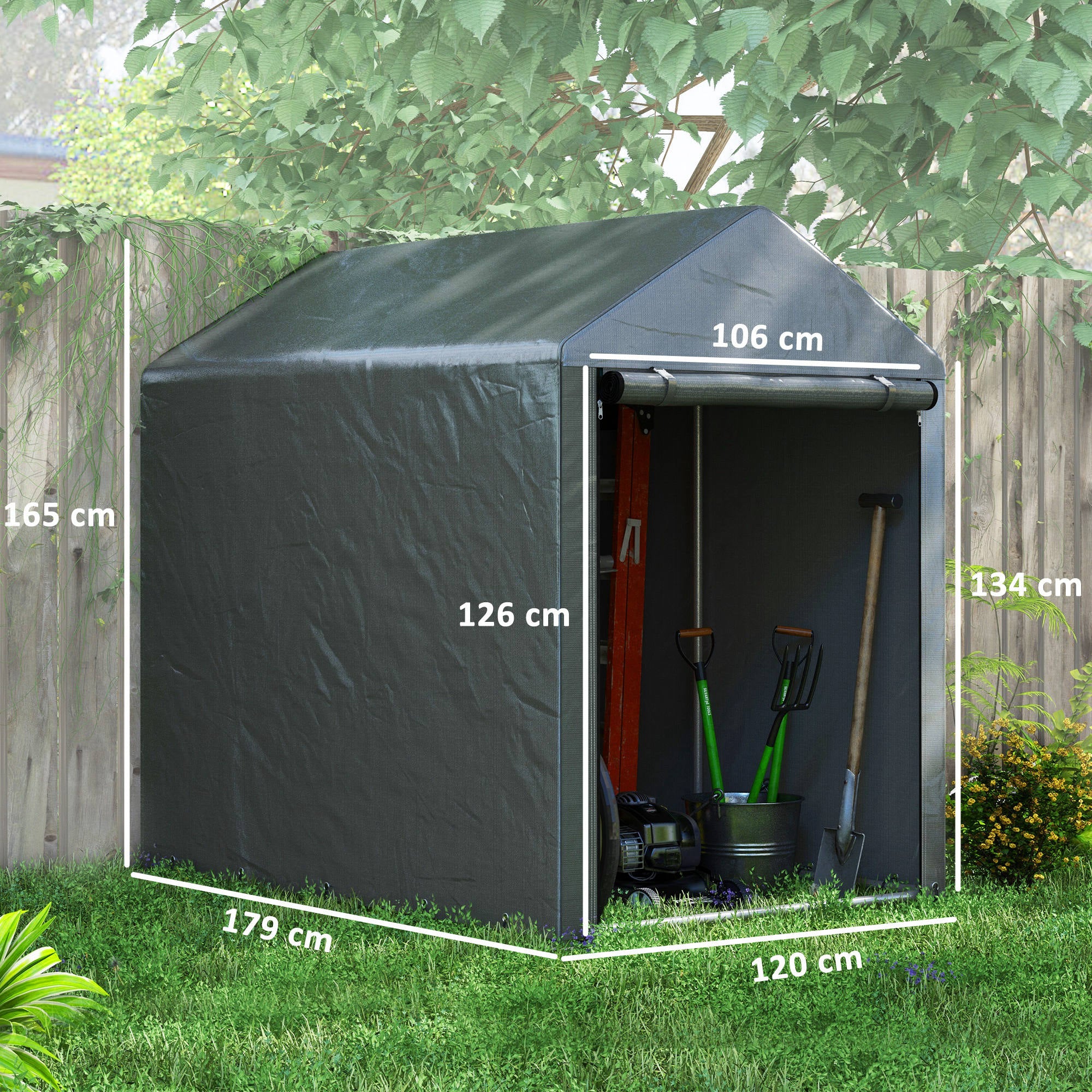 UV Protection Tool Shed with Zip Entrance, Galvanized Steel and PE Fabric, 120x179x165 cm, Dark Grey