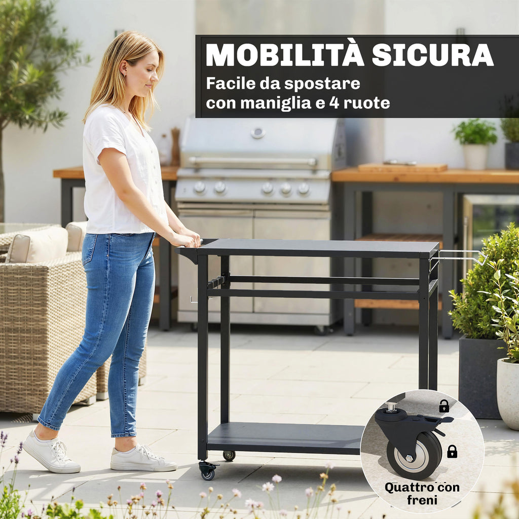 Outsunny Barbecue Cart, 2 Shelves, Pizza Stand, Bag Holder and Hooks, Black.