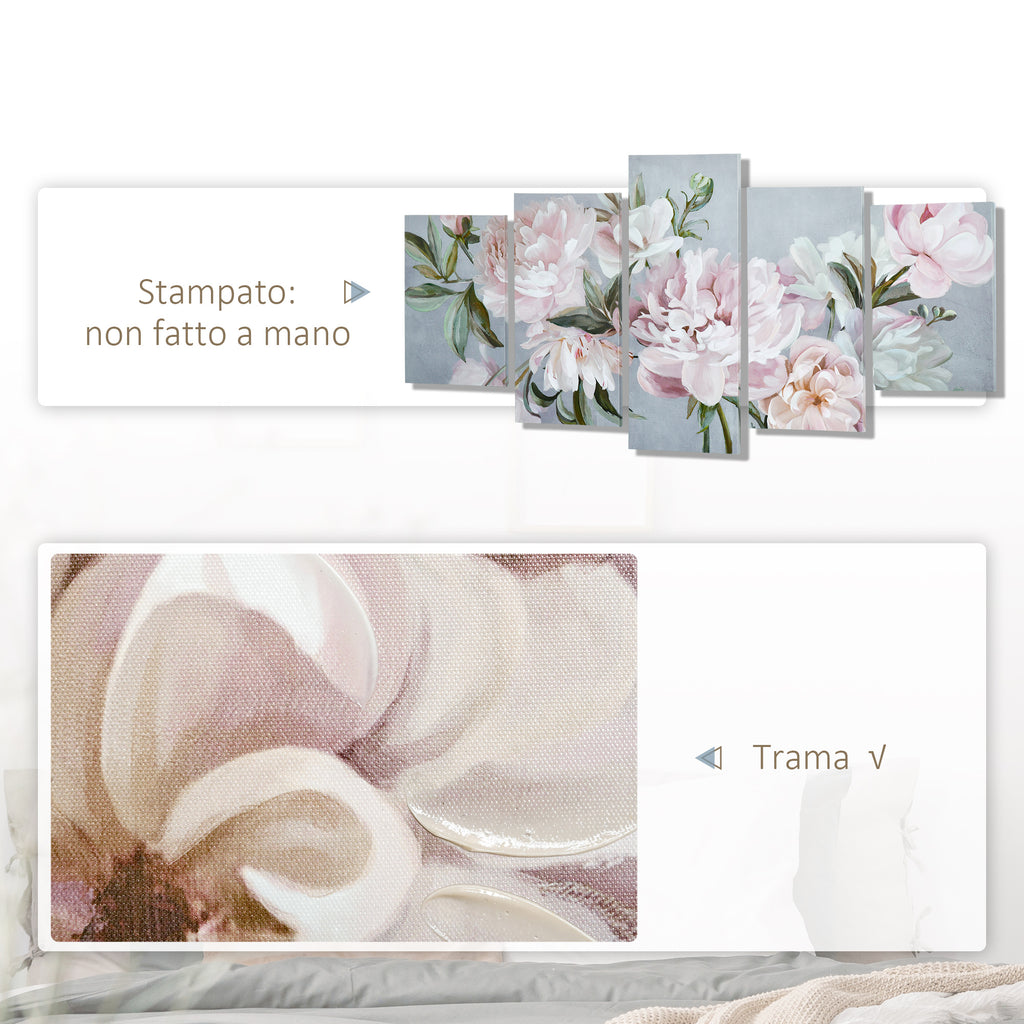 Peony Canvas Print, 5 Pieces for Home and Office, Pine Wood Canvas and Water-Based Paint, 200x100cm, Multicolor