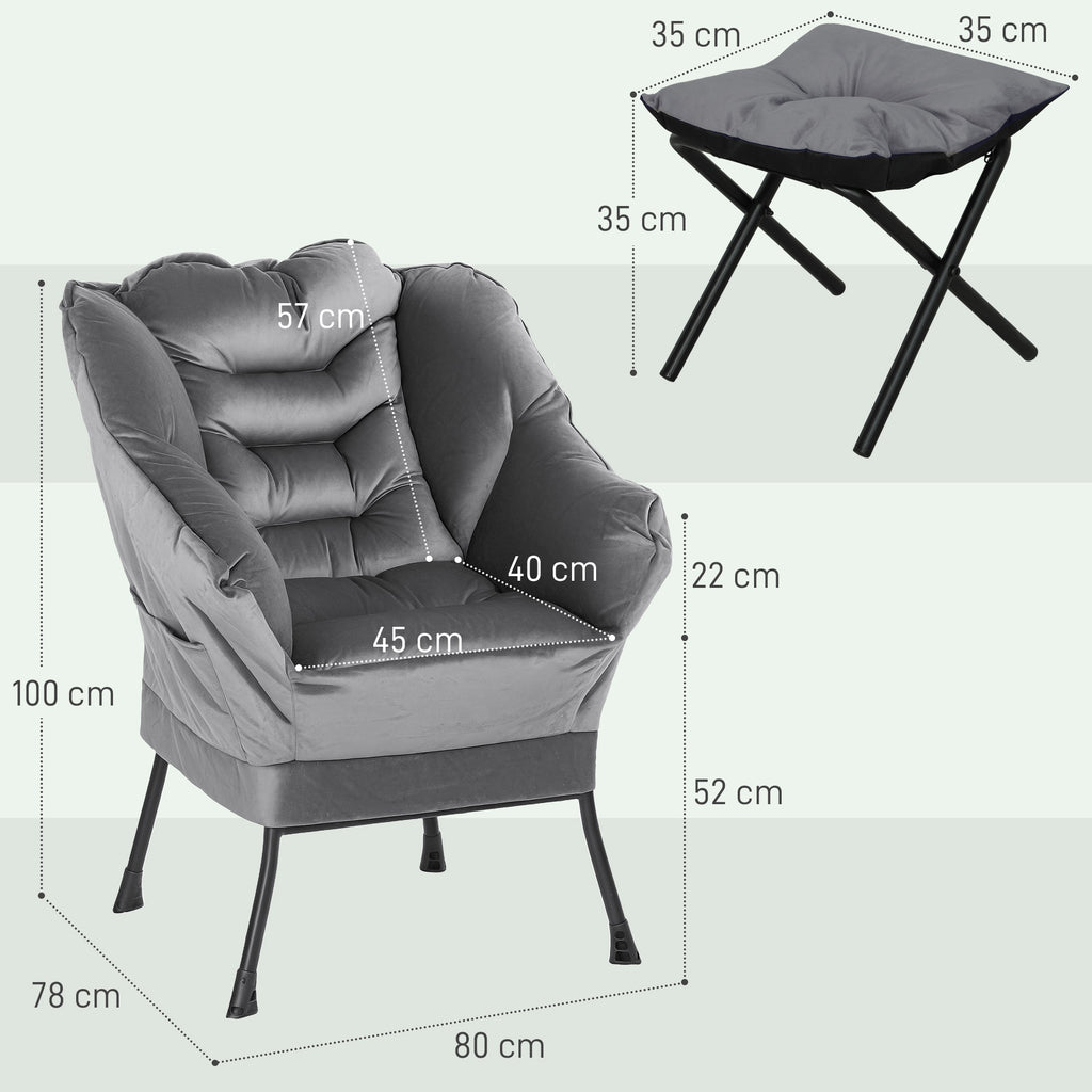 Modern Armchair with Footrest and 2 Side Pockets, in Velvet Effect Fabric and Steel, 80x78x100 cm, Gray