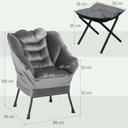 Modern Armchair with Footrest and 2 Side Pockets, in Velvet Effect Fabric and Steel, 80x78x100 cm, Gray
