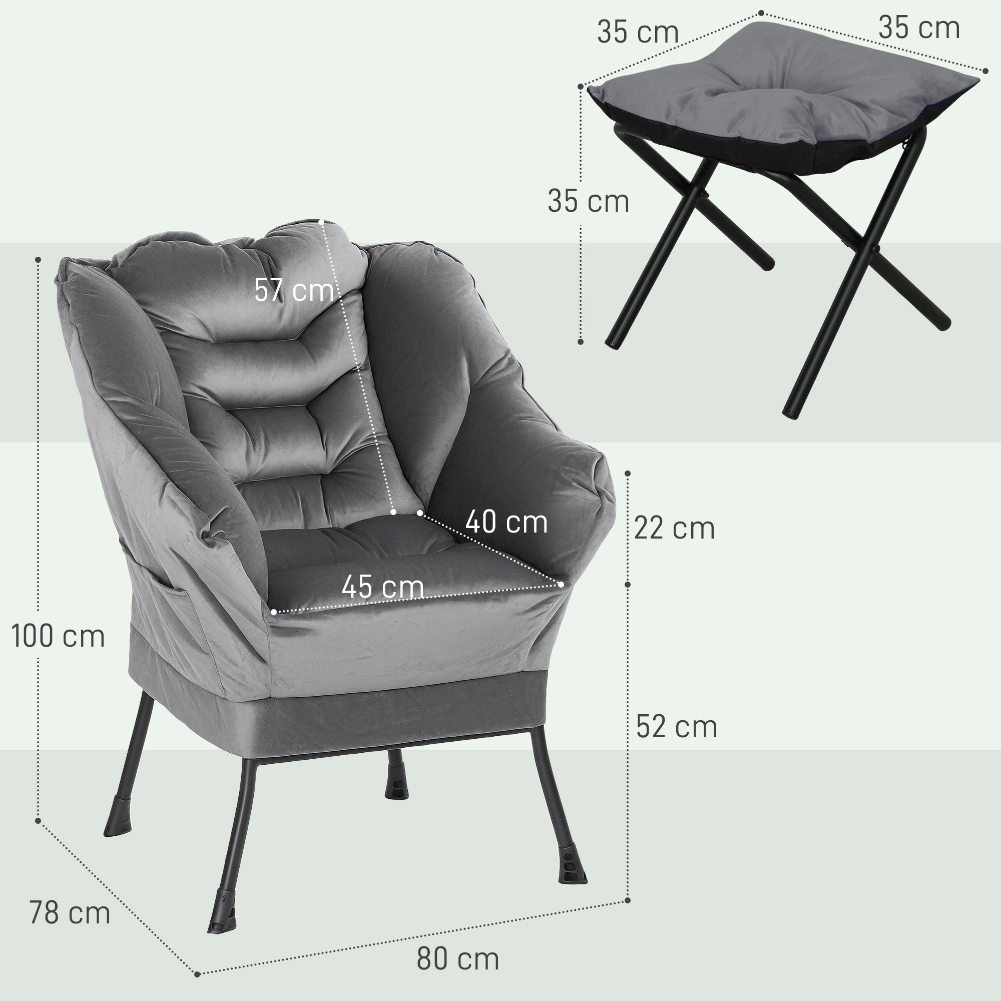 Modern Armchair with Footrest and 2 Side Pockets, in Velvet Effect Fabric and Steel, 80x78x100 cm, Gray