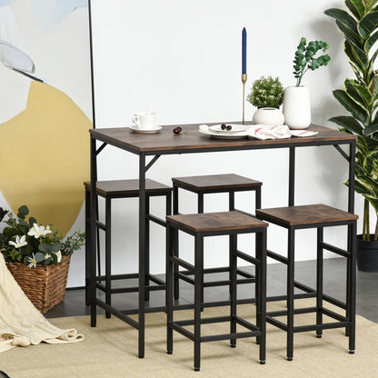 Industrial Style High Table Set with 4 Stools in Metal and Wood, Modern Living Room and Kitchen Furniture, Rustic Brown