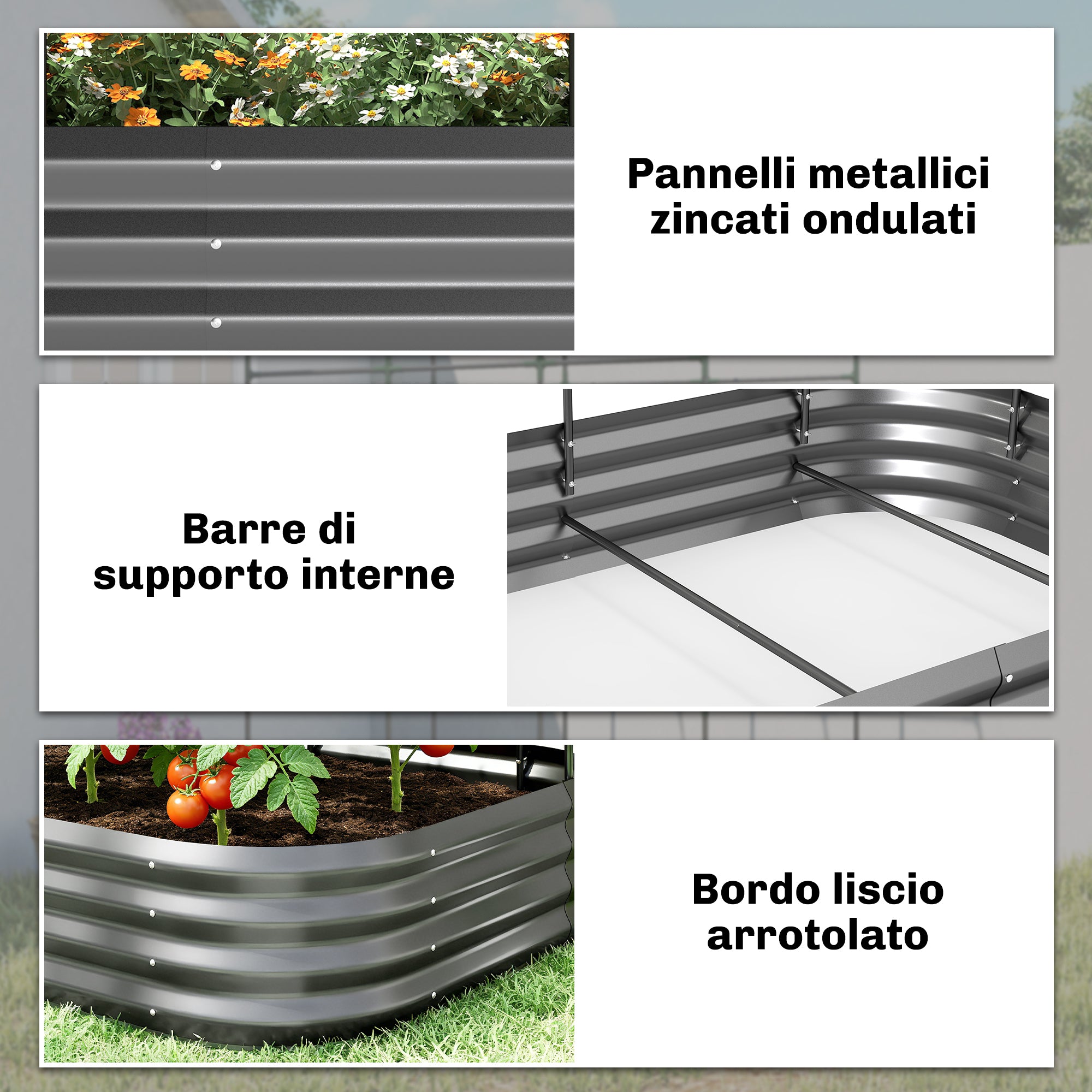 Outsunny Raised Vegetable Garden with Trellis for Climbing Plants and Open Metal Bottom, 220x110x150 cm, Dark Grey