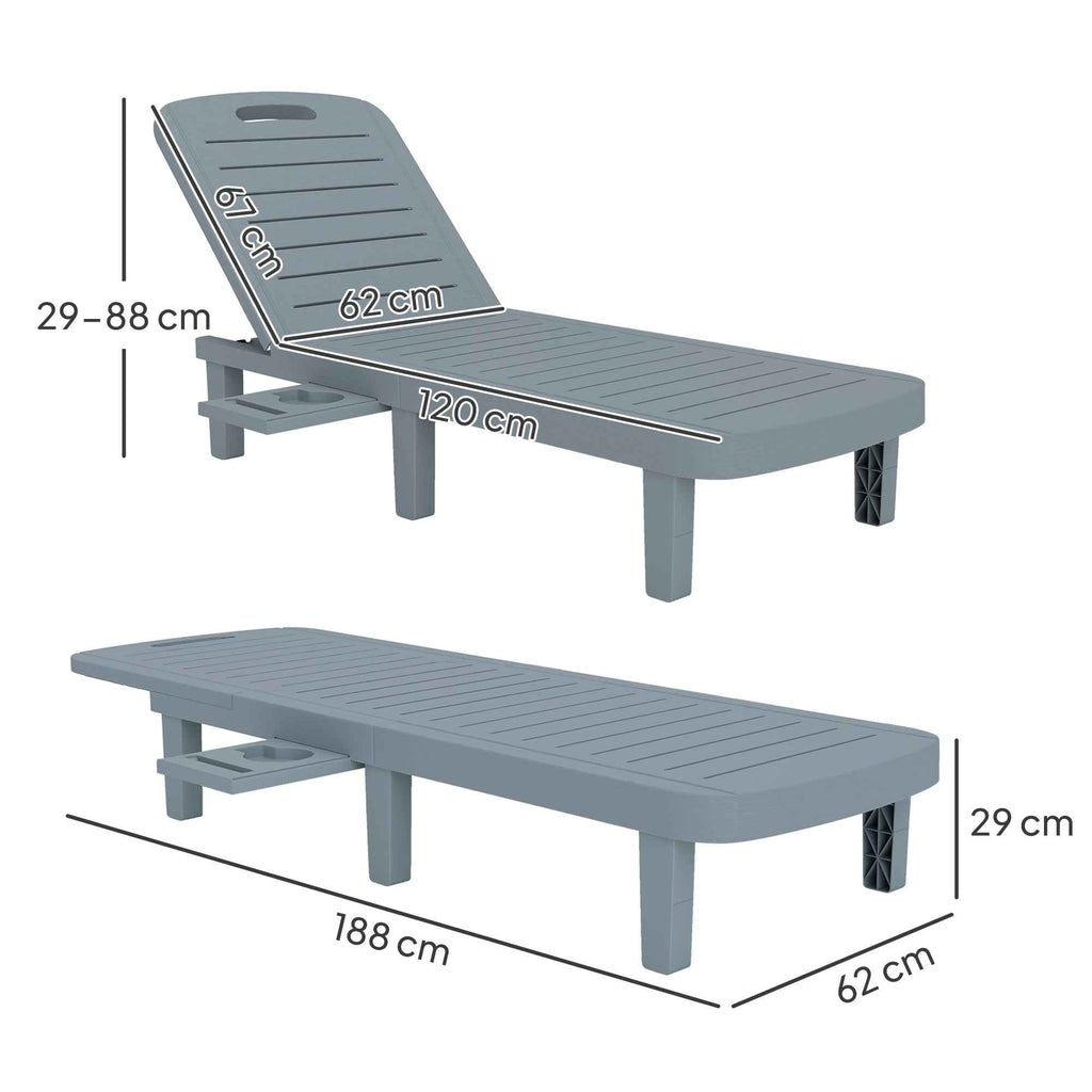 Outsunny Set of 2 Sun Loungers with Adjustable Backrest and Trays, in Polypropylene, 62x158x88 cm, Dark Grey