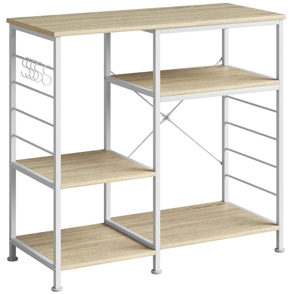 HOMCOM Kitchen Shelf with Wooden and Metal Shelves and 5 Hooks, Space-Saving, 90x39x83.5 cm, Oak