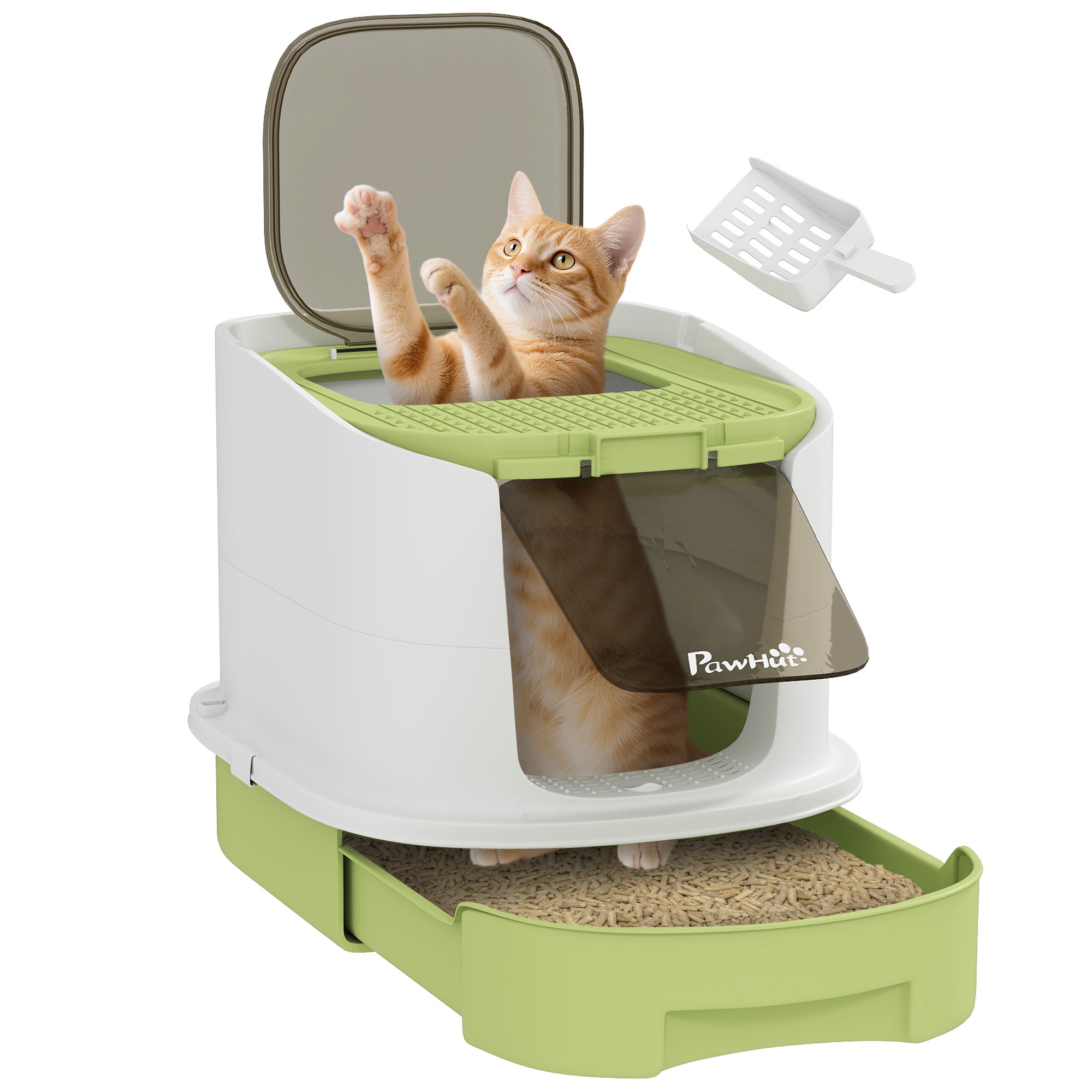 Enclosed Cat Litter Box with 2 Doors, Removable Tray, Scoop and Deodorizer, in PP, 40.5x52.5x42.5 cm, Green