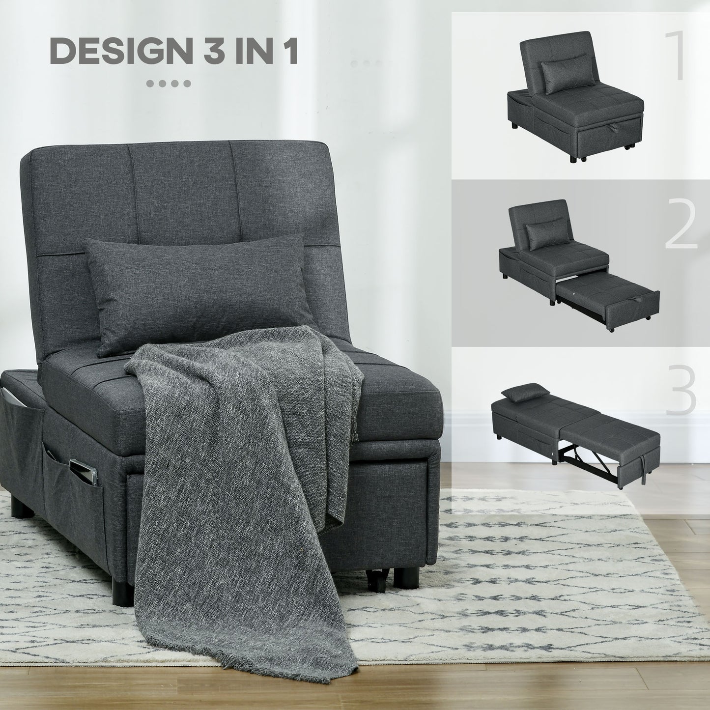 HOMCOM Single Armchair Bed 3 in 1 Reclining at 3 Levels with Cushion, in Linen Effect Fabric, 65.5x104x81 cm, Gray