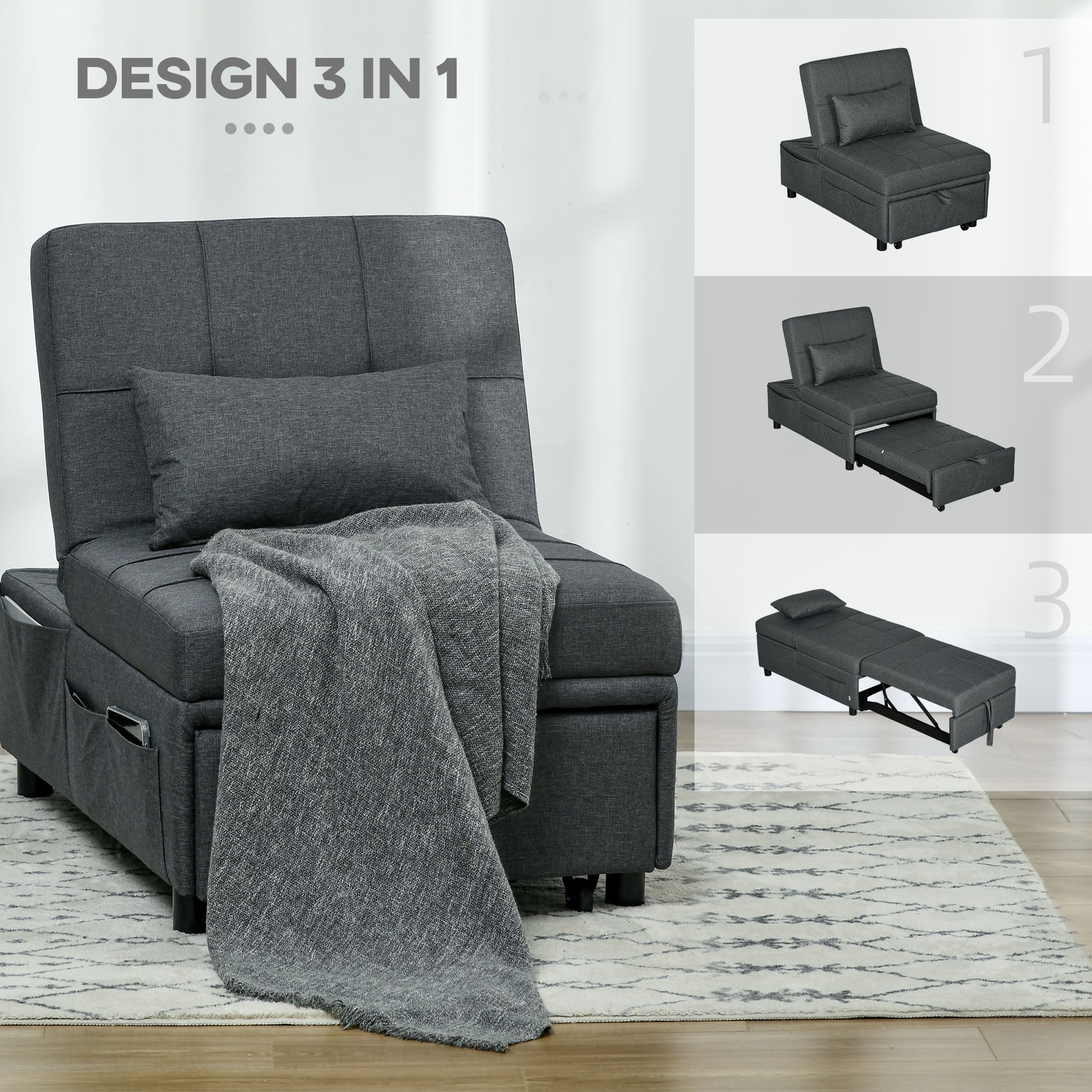 HOMCOM Single Armchair Bed 3 in 1 Reclining at 3 Levels with Cushion, in Linen Effect Fabric, 65.5x104x81 cm, Gray - Borgè