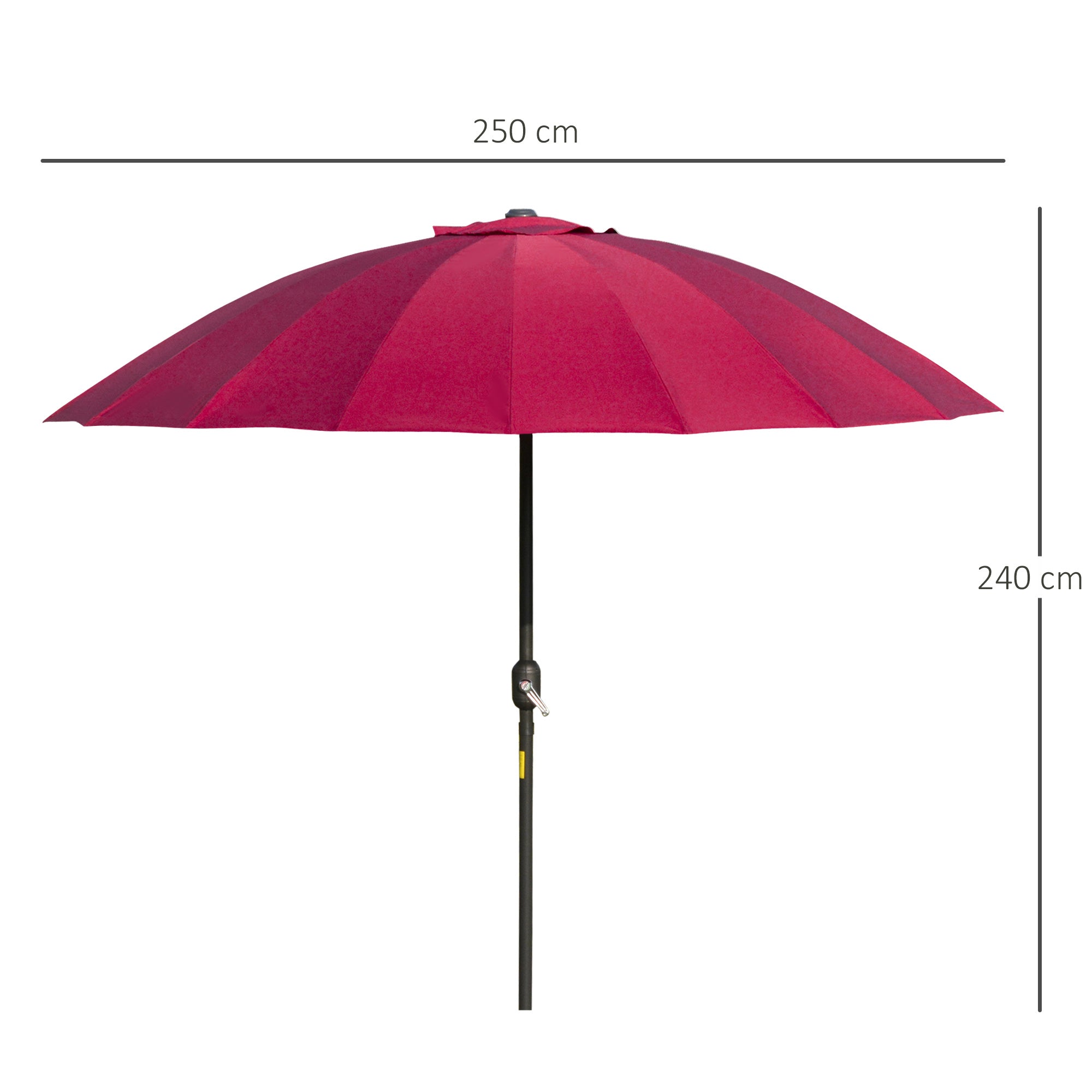 18-Ribbed Folding Round Umbrella with Crank Handle, Metal and Polyester, Ø250x240 cm, Wine Red