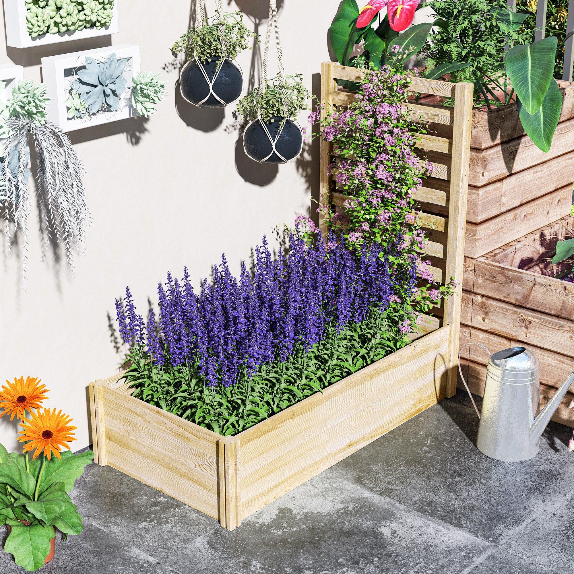Planter with Trellis for Climbing and Open Bottom, in Fir Wood, 115x60x110 cm, Wood color