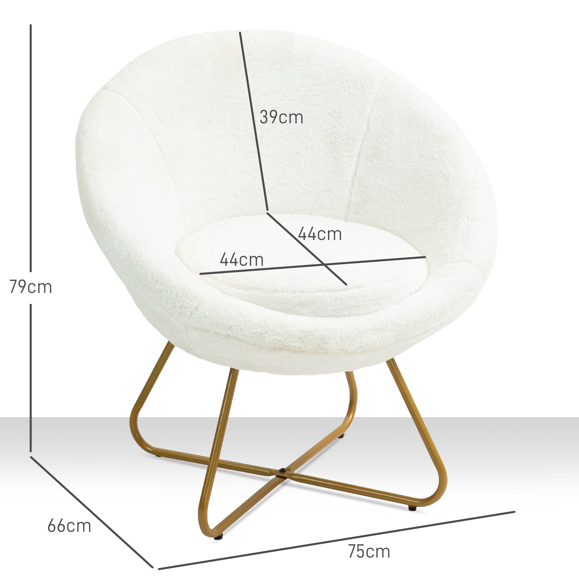 Faux Fur Bedroom Chair with Metal Legs, 75x66x79 cm, White