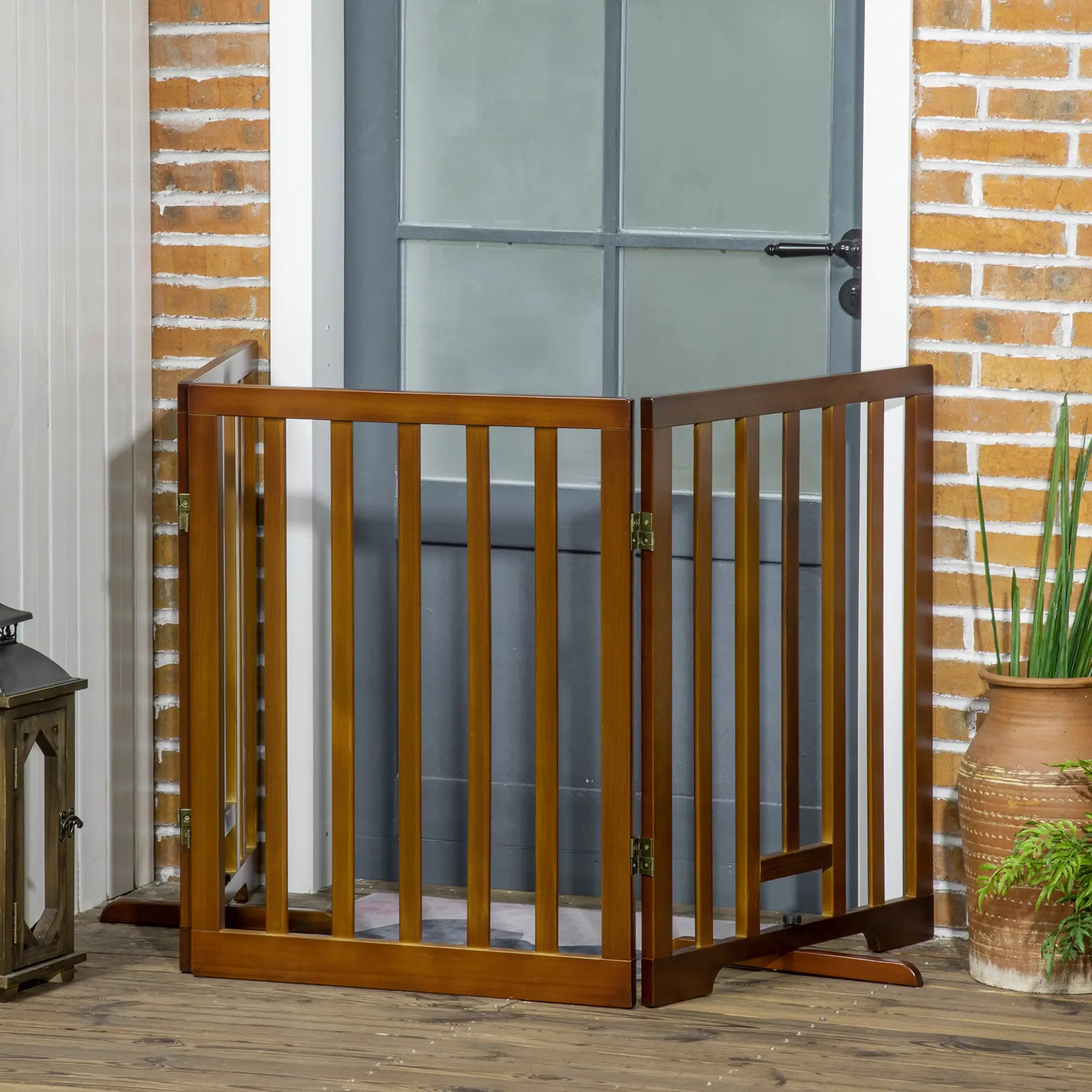 3 Panel Folding Dog Gate with Non-Slip Feet for Hallways, Stairs and Rooms, Pine Wood, 181x35x76 cm, Dark Brown - Borge' Group Limited
