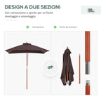 Tilting Rectangular Umbrella 2x1.5 m with 6 Ribs and Rope Opening, in Bamboo and Coffee Polyester