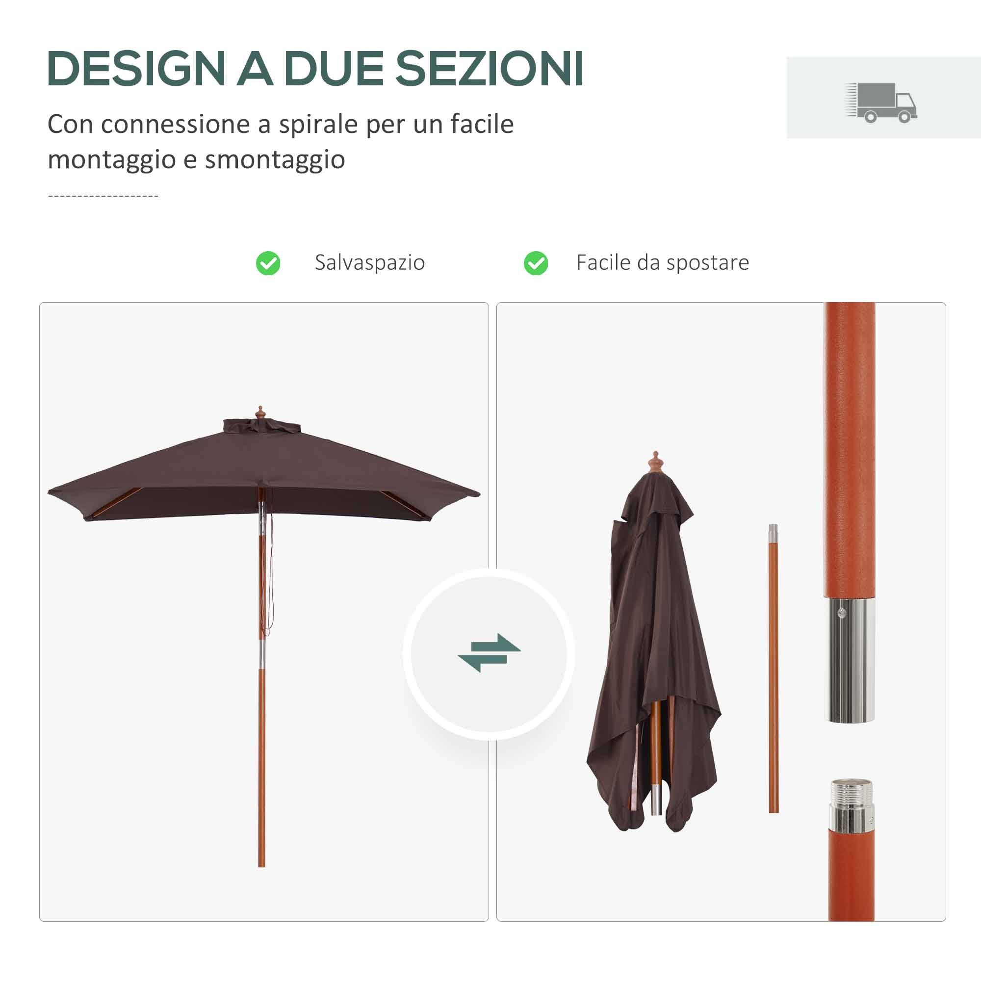 Tilting Rectangular Umbrella 2x1.5 m with 6 Ribs and Rope Opening, in Bamboo and Coffee Polyester