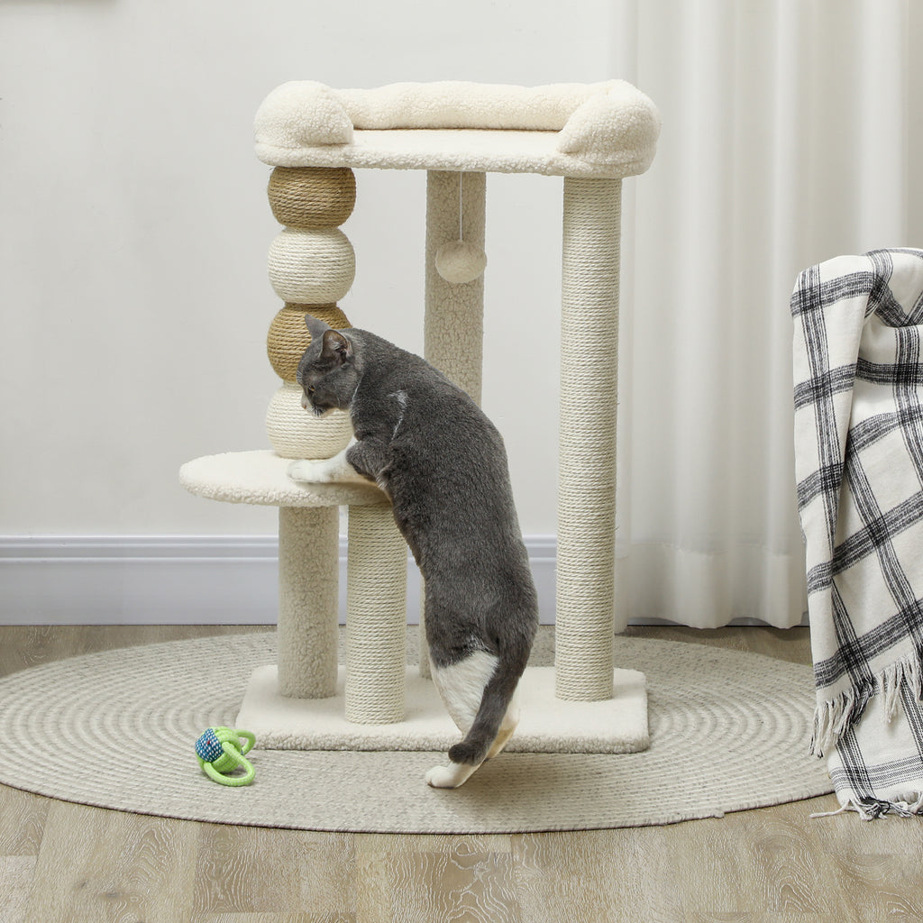 Cat Tower with Bed, Platform and Toy Ball, Made of Wood, Plush and Jute, 48.5x40x76 cm, Beige