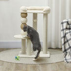 Cat Tower with Bed, Platform and Toy Ball, Made of Wood, Plush and Jute, 48.5x40x76 cm, Beige