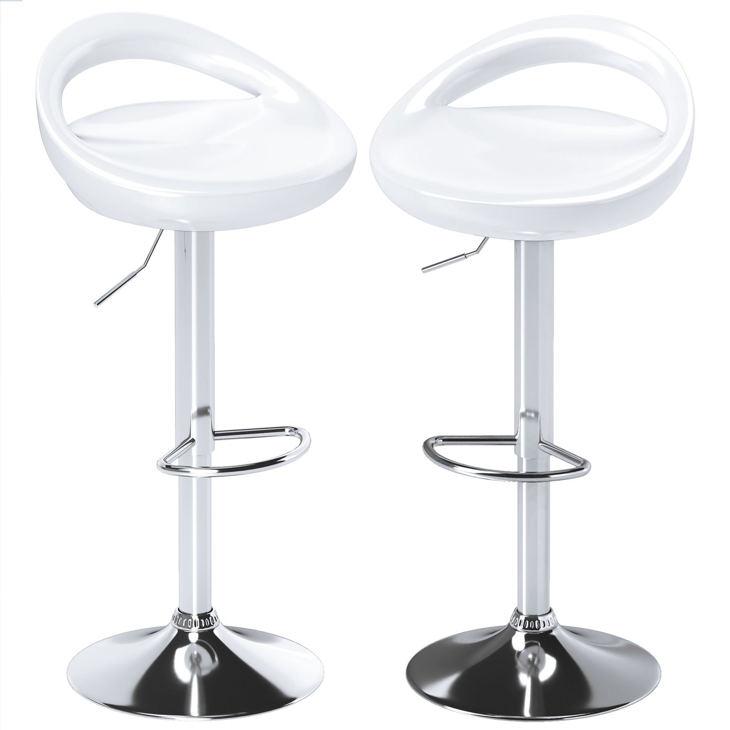 Set of 2 Swivel Bar Stools with Footrest, Adjustable Height, Steel Base, ABS Seat, White