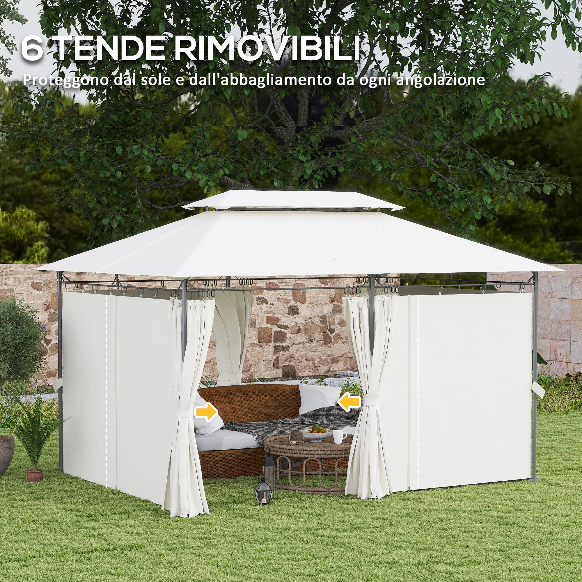 Garden Gazebo 3x4 m with Removable Curtains, Double Roof and Metal Structure, Cream