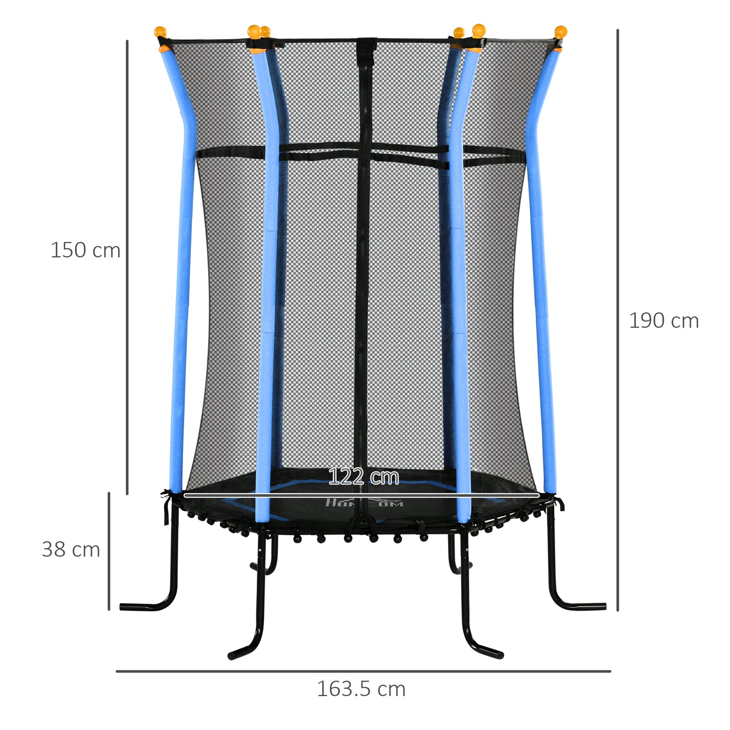 Children's Trampoline with Hinged Entry and Padded Poles, in Steel, PP and EPE, Ø163.5x190 cm, Light Blue