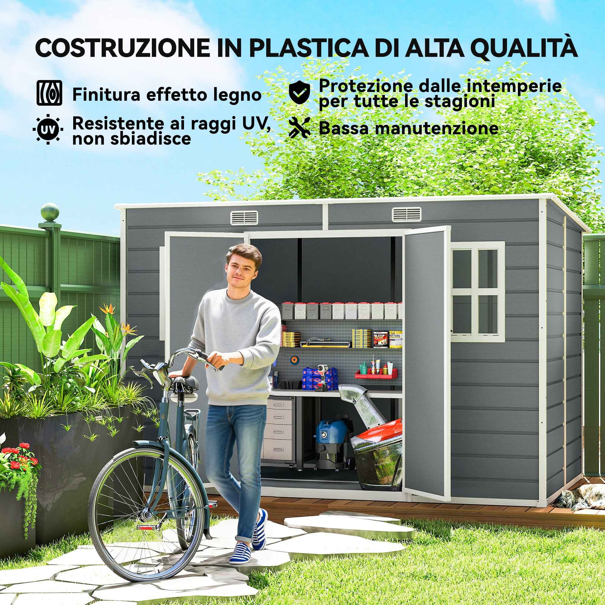 Outsunny 2-Door Tool Shed with Windows and Air Vents, Made of PP and Aluminum, 303x183x184 cm, Gray
