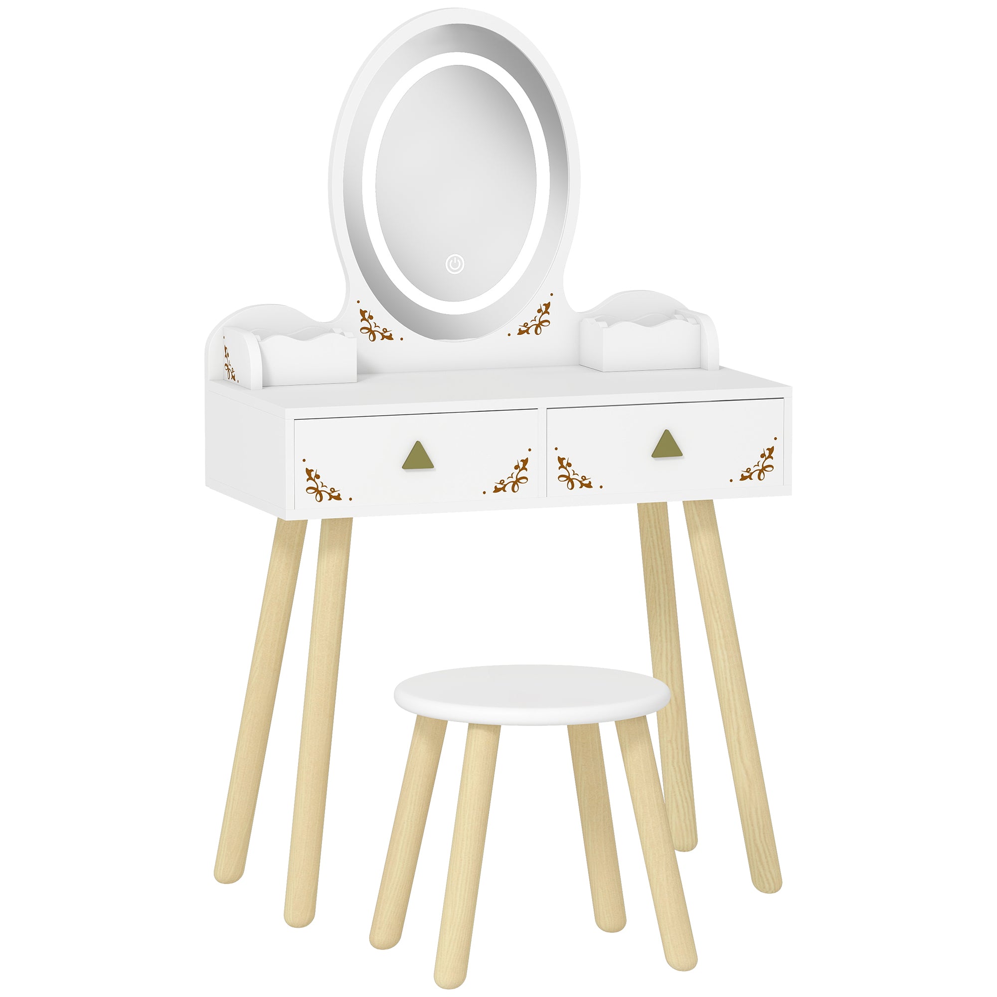 Children's Dressing Table Set with Illuminated Mirror and Stool, 2 Drawers and 2 Boxes, White