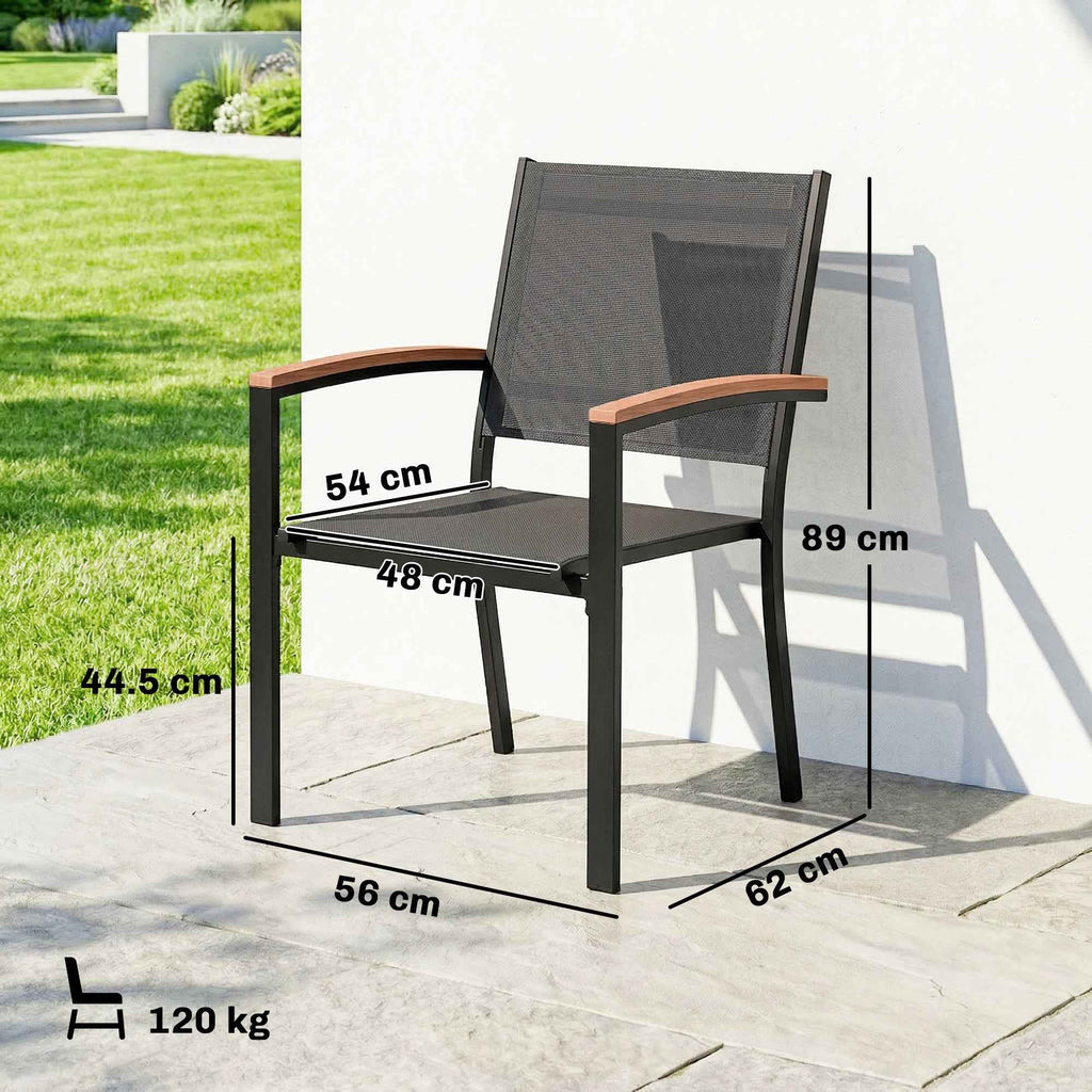 Outsunny Set of 2 Garden Chairs in Texteline and Metal with Wood Effect Armrests, 56x62x89 cm, Grey