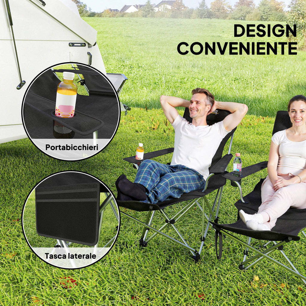 Set of 2 Folding Camping Chairs with Detachable Footrest and Cup Holder, 82x50/100x88 cm, Black