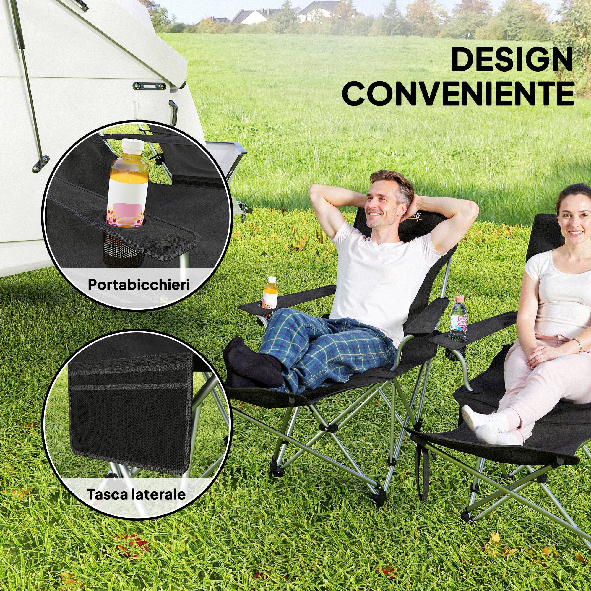 Set of 2 Folding Camping Chairs with Detachable Footrest and Cup Holder, 82x50/100x88 cm, Black