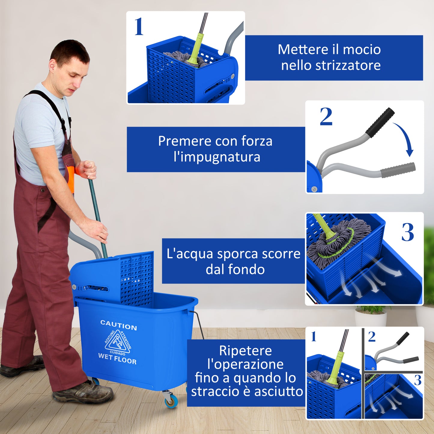 20L PP Plastic Cleaning Trolley with Bucket and Wringer, 60x27x70.5 cm, Blue