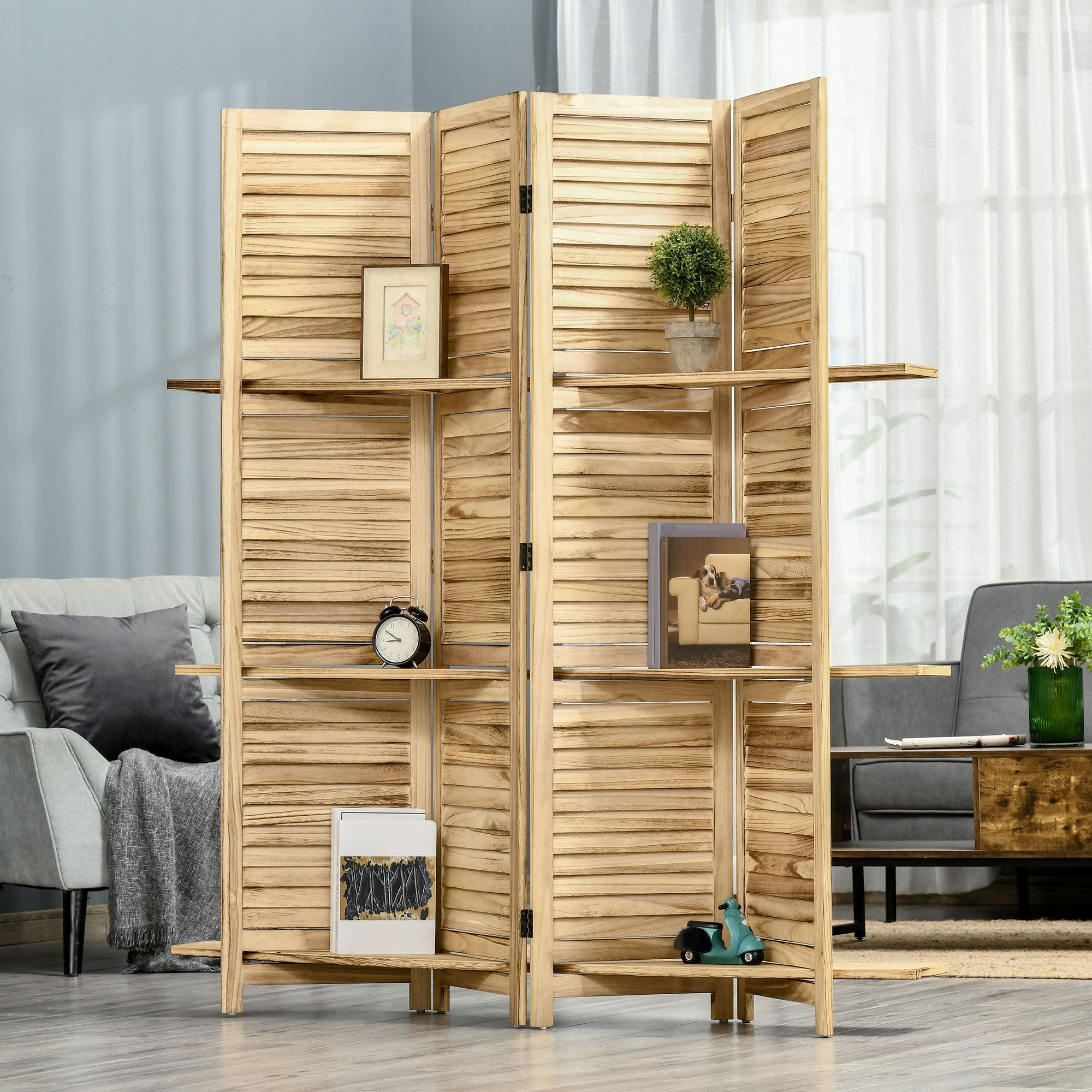 4-Panel Folding Room Divider with Shelves, Paulownia Wood, 162 x 170 cm, Wood