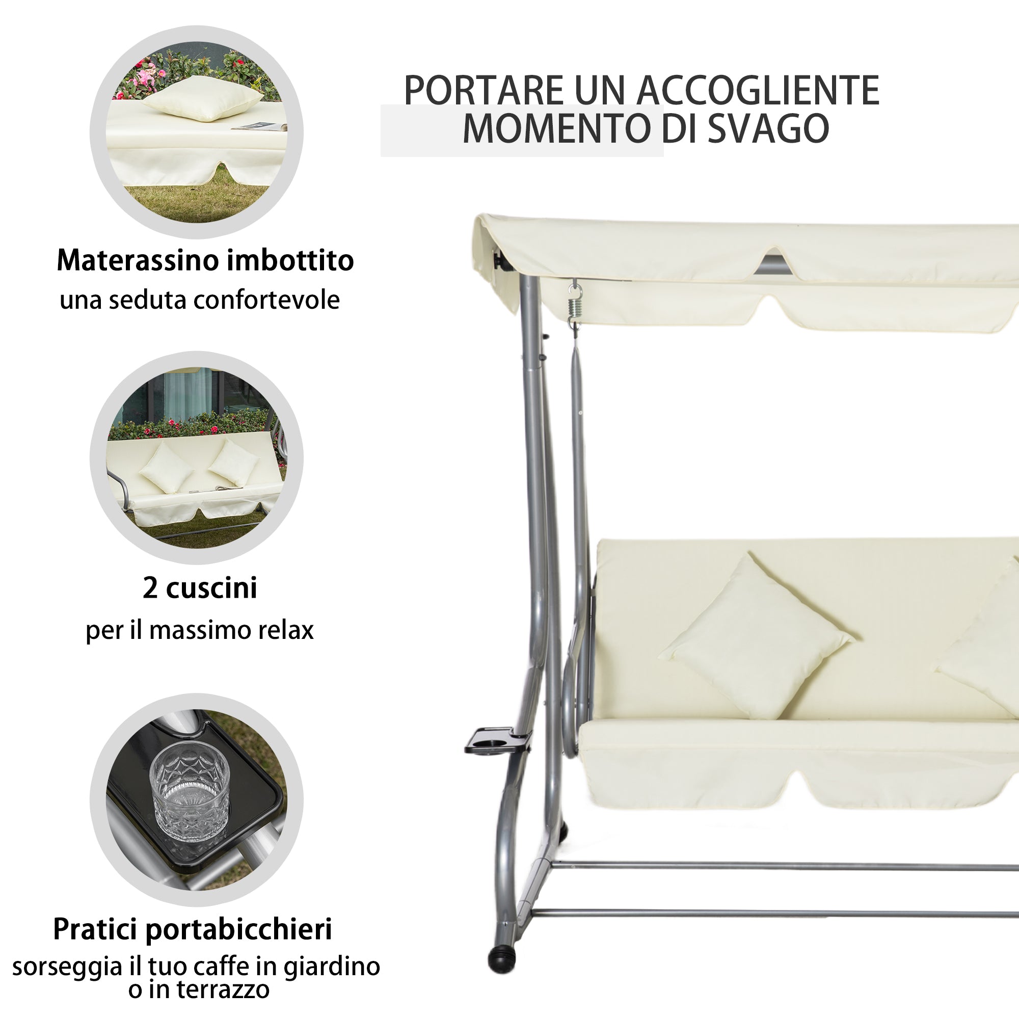 Outsunny 3-Seater Swing Garden Bed with Adjustable Roof and 2 Cup Holders, 200x120x164 cm, Cream - Borgè