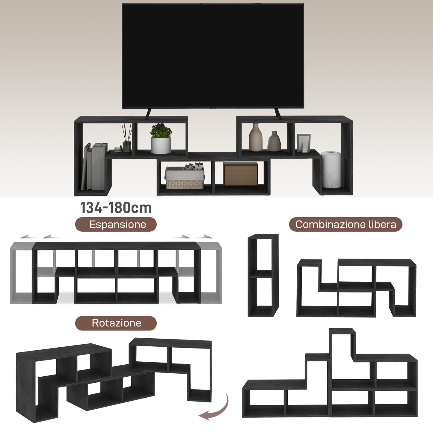 TV Unit 75" max Modular TV Stand with 2 L-Shaped Shelves and Rectangular Shelf, Wooden, 134-180x30.5x44 cm, Black