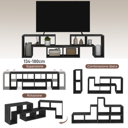 TV Unit 75" max Modular TV Stand with 2 L-Shaped Shelves and Rectangular Shelf, Wooden, 134-180x30.5x44 cm, Black