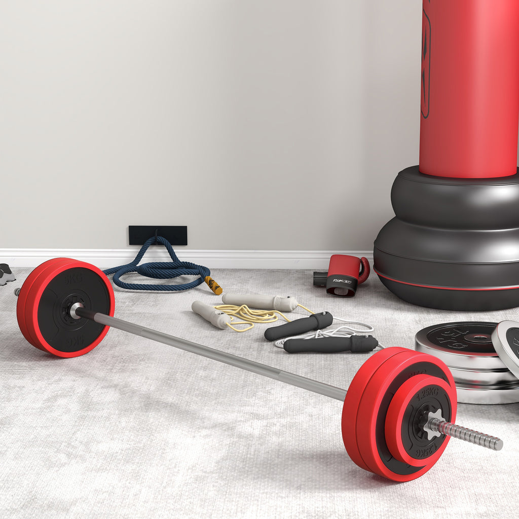 SPORTNOW Barbell and Disc Set 30 kg total with 6 Weights and 2 Nuts, in Metal, PU and Sand, 170x26x26 cm, Red