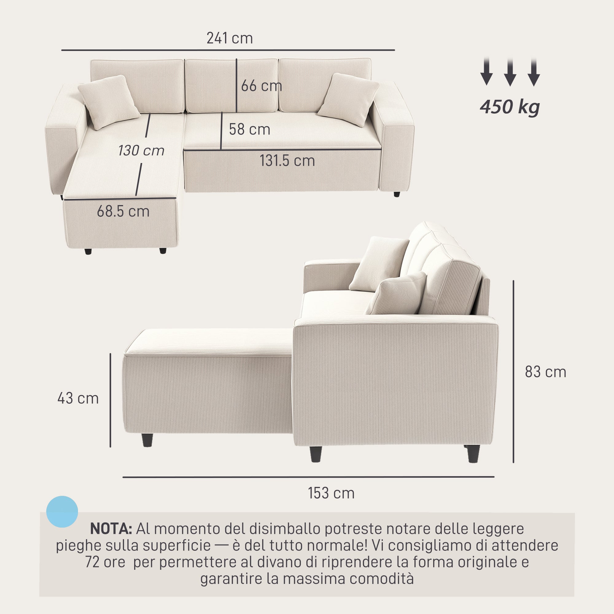 3 Seater Sofa with Peninsula in Velvet Effect Fabric, Foam and Nylon, 241x153x83 cm, Cream White