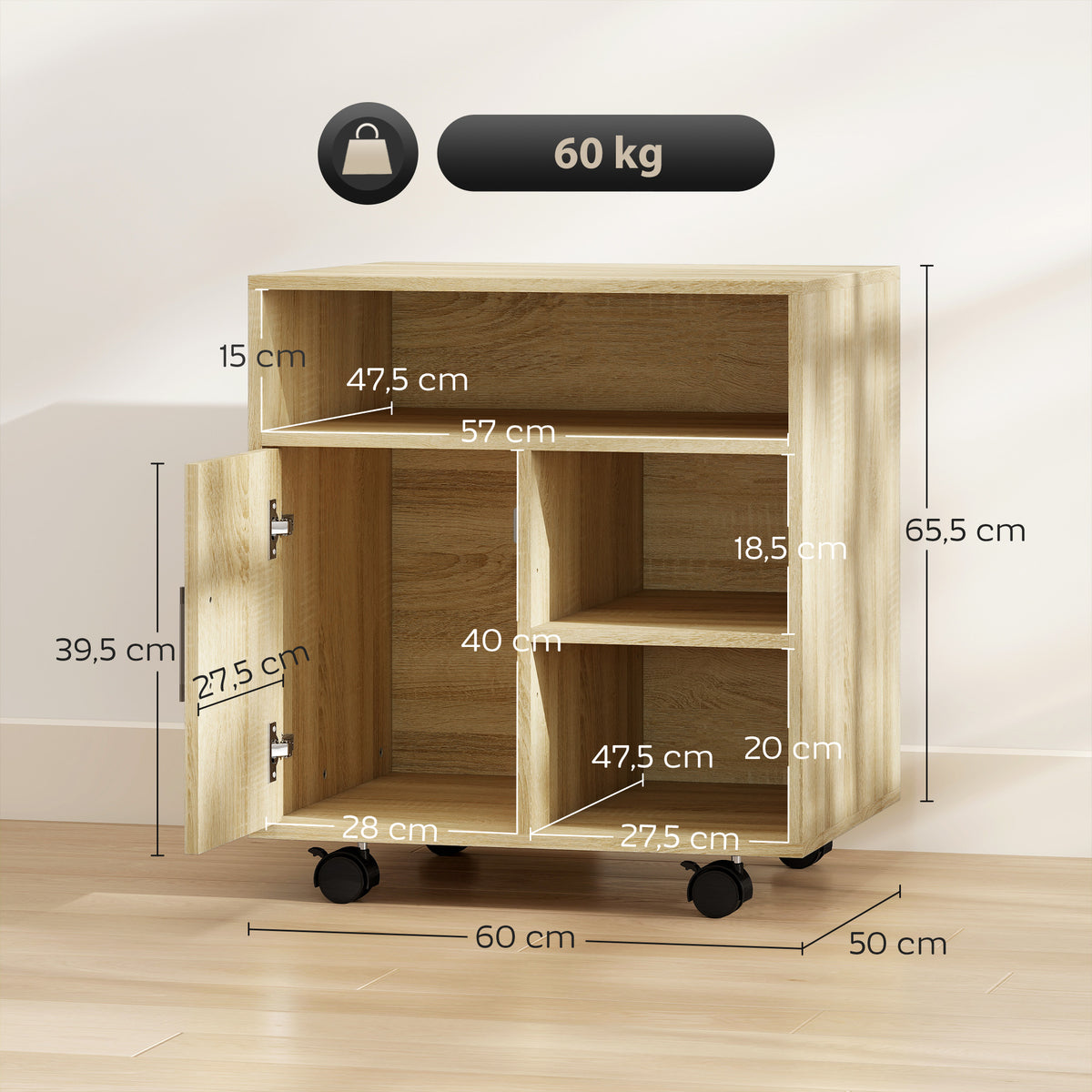HOMCOM Printer Cabinet with Open Shelves and Wooden Cabinet, 60x50x65.5cm, Wood Color