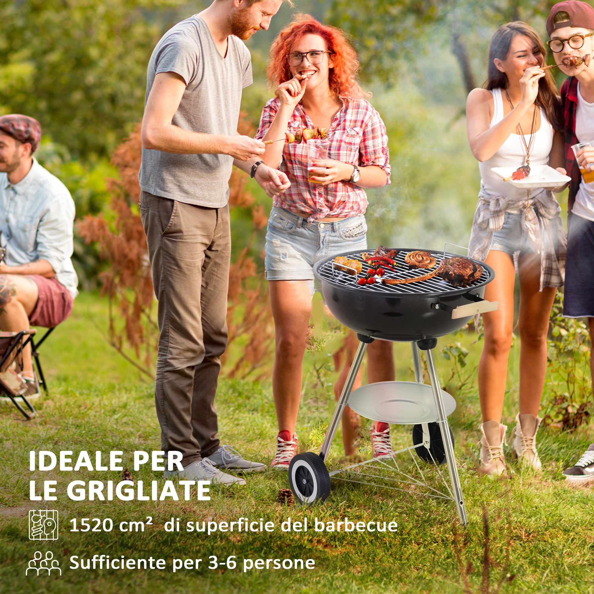 Charcoal Barbecue with Steel Grill, Lid and Air Vents and Wheels, Black