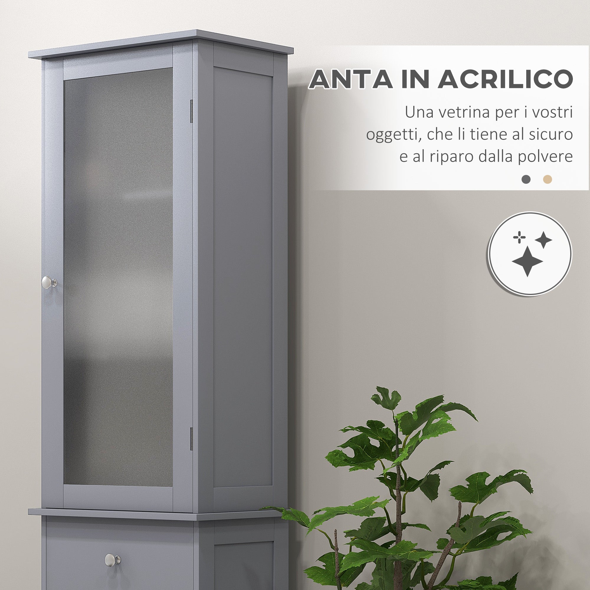 Bathroom Column Cabinet Space Saving with Cabinet, Drawer and MDF Shelves, 40x27x171.5cm, Grey