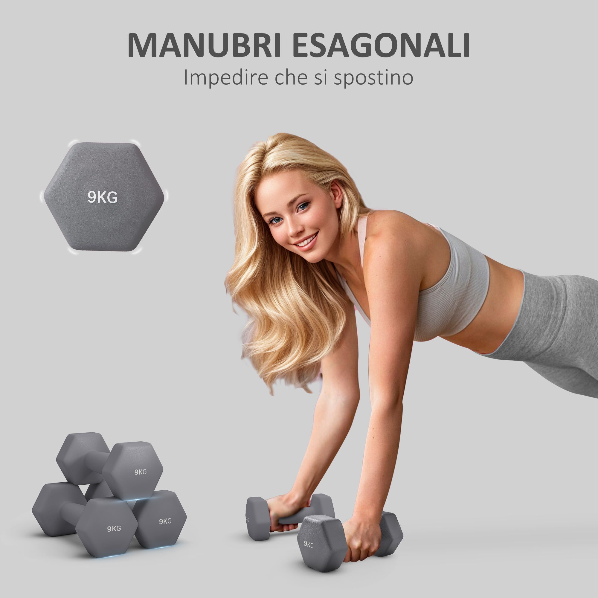 SPORTNOW Set of 2 9kg Hexagonal Dumbbells in Metal and Plastic with Non-Slip Grip, 25x11x11cm, Gray